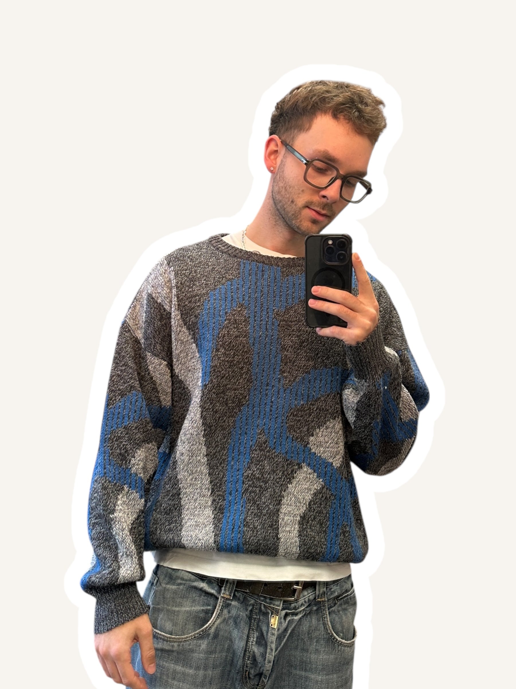 1980s/1990s Strickpullover Grau/Blau Abstraktes Muster | Vintage L–XL
