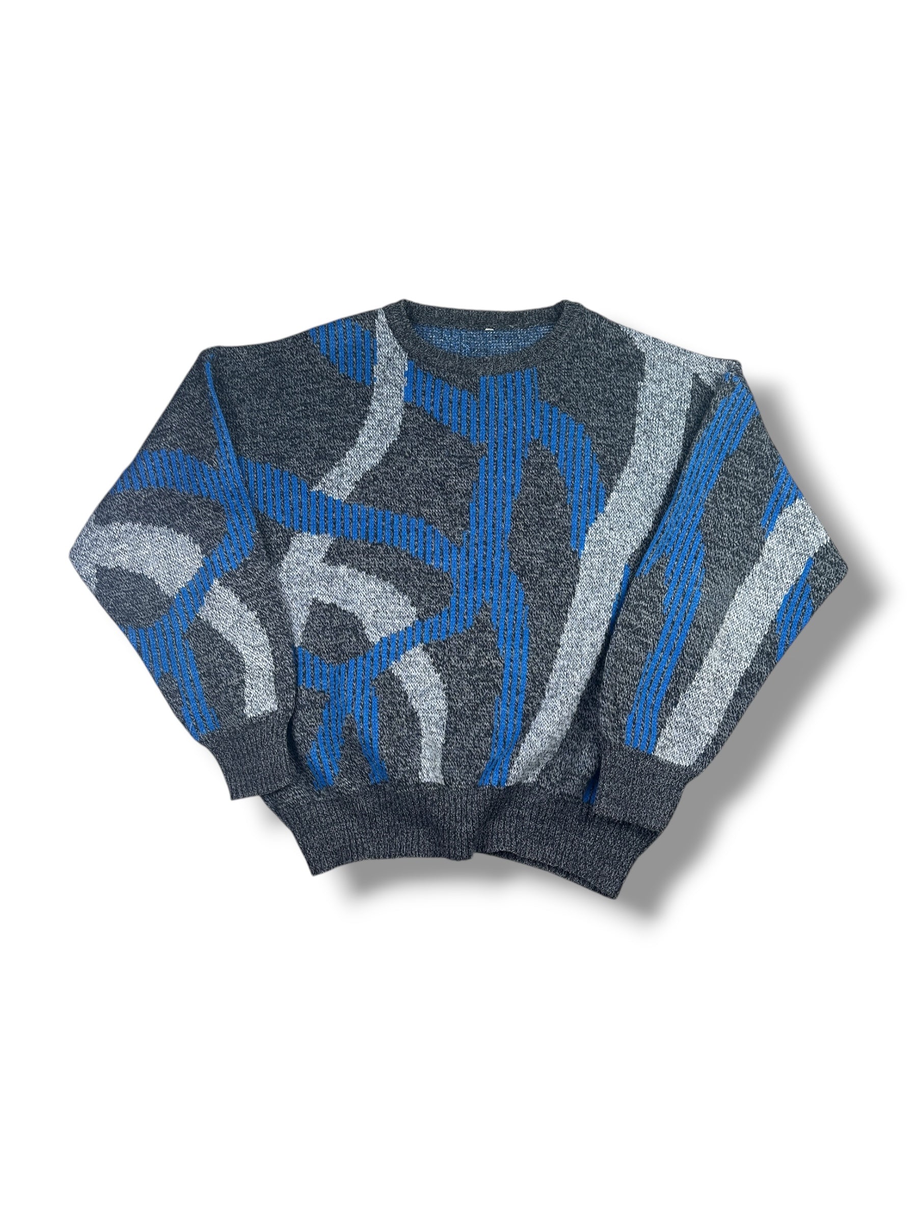 1980s/1990s Strickpullover Grau/Blau Abstraktes Muster | Vintage L–XL