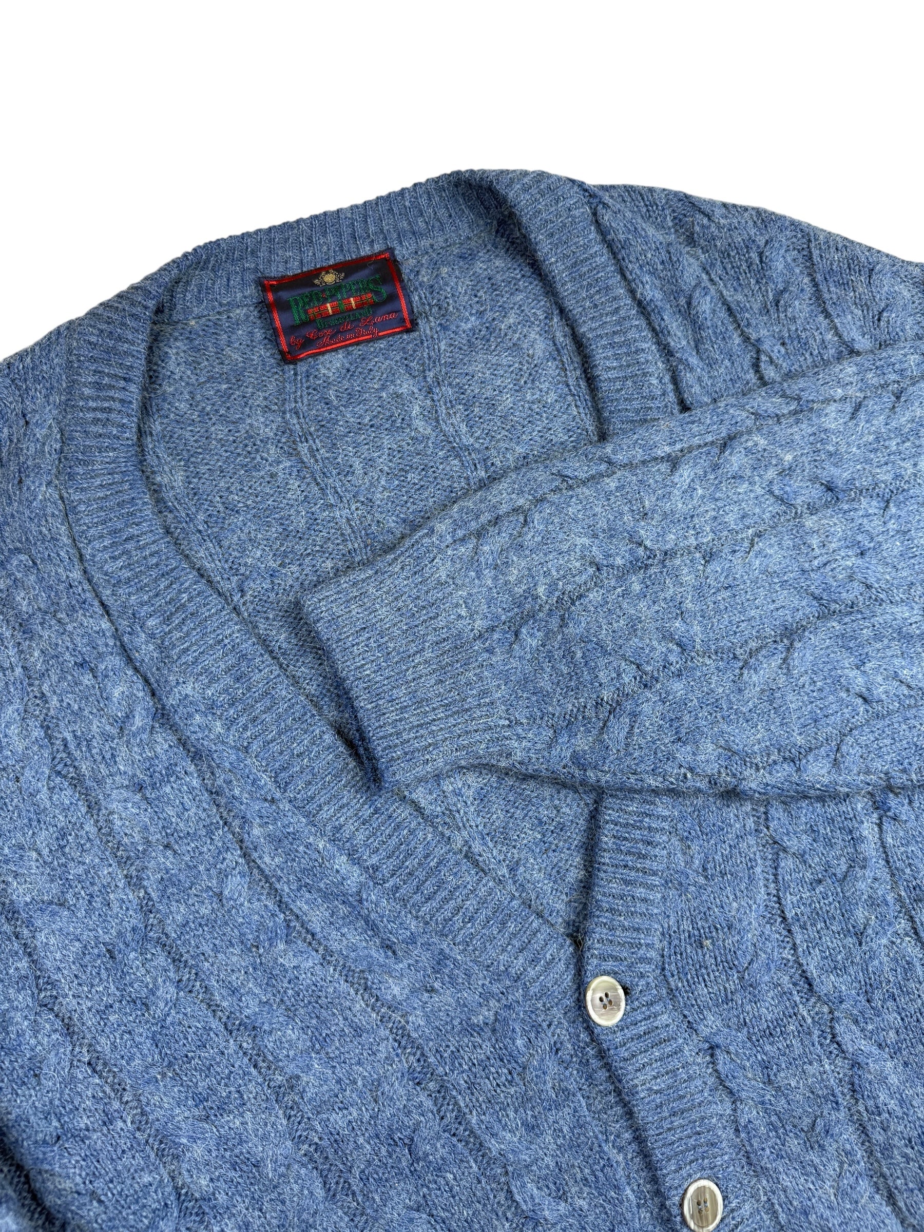 1990er Alpaka Cardigan Blau Zopfmuster | L