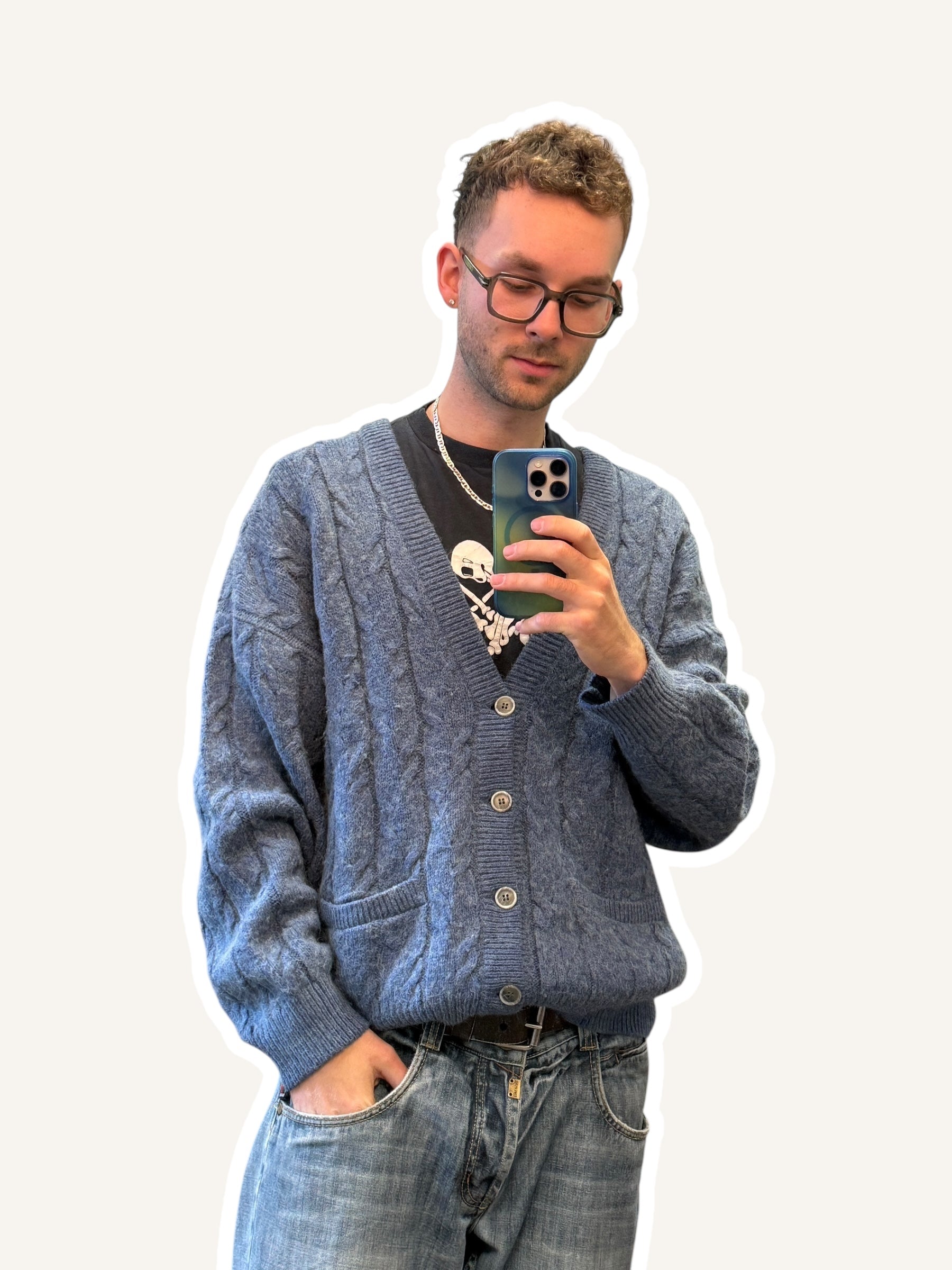 1990er Alpaka Cardigan Blau Zopfmuster | L