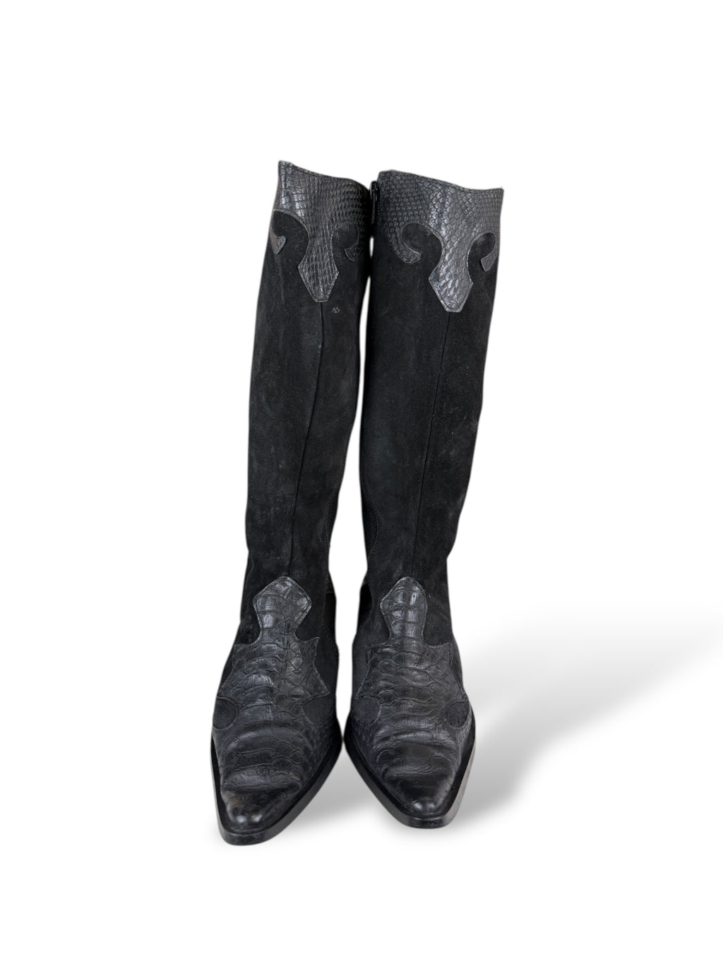 Western Cowgirl Boots Black Suede & Croco Look | 37