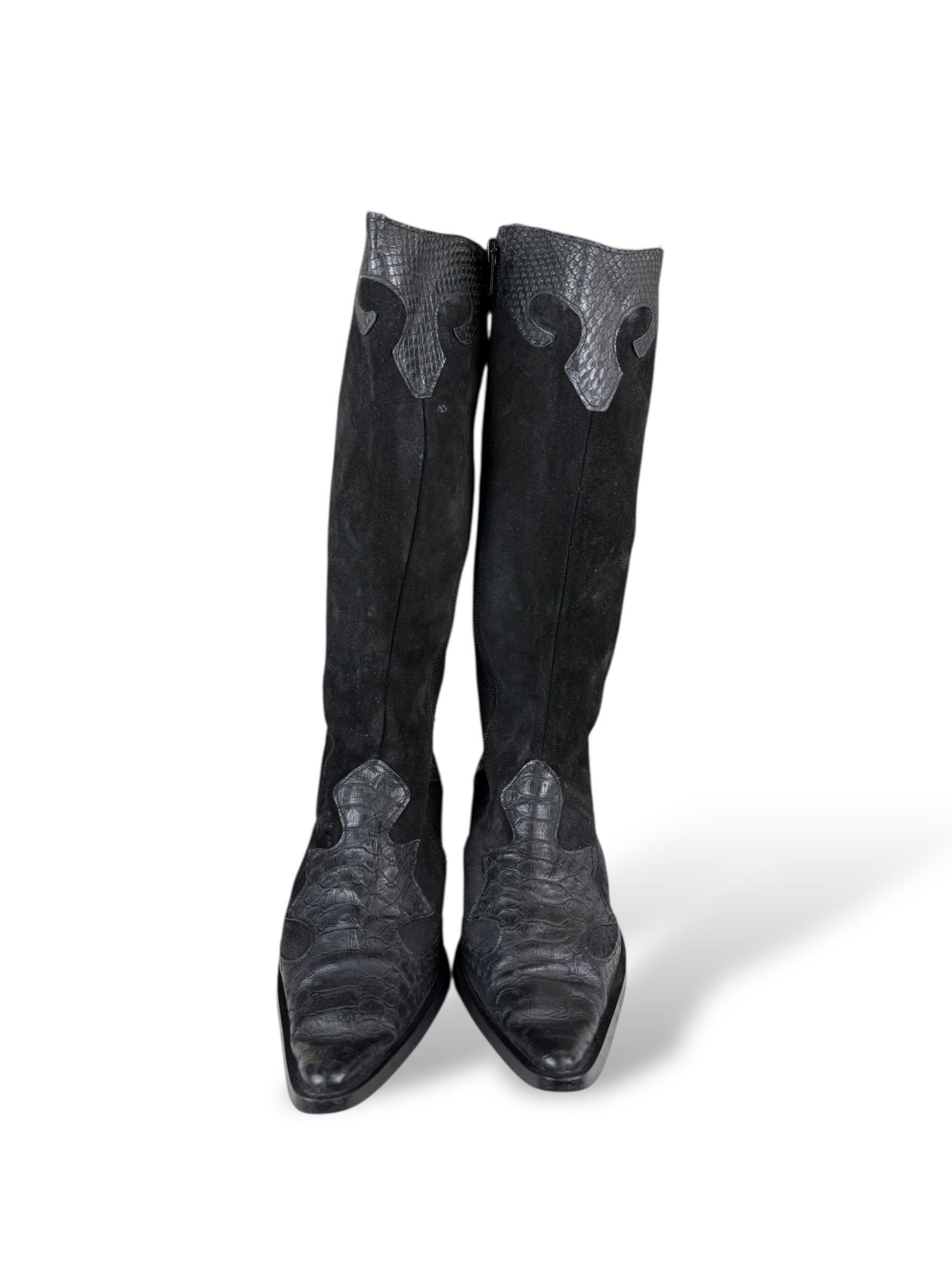 Western Cowgirl Boots Black Suede & Croco Look | 37