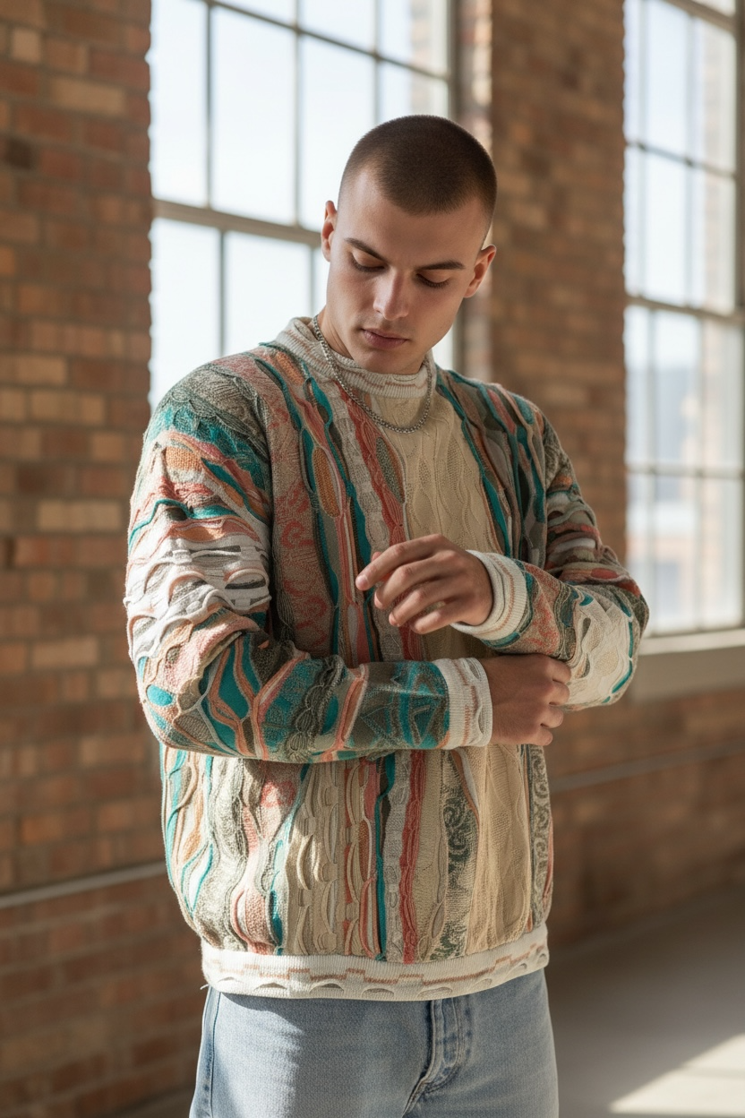 1990s Coogi Australia Strick Sweater Beige Blau L