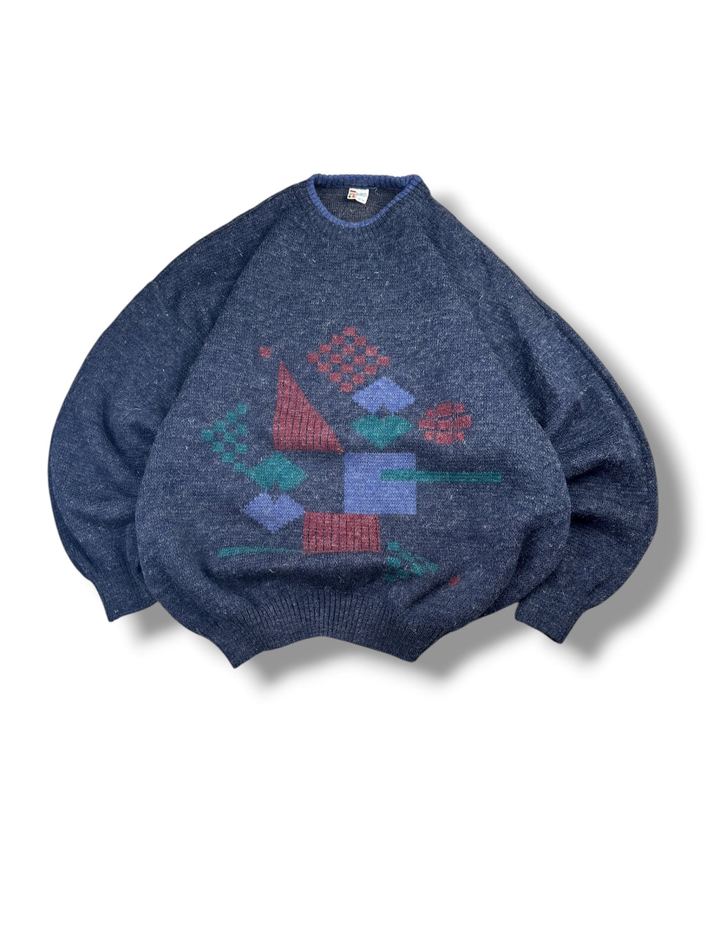 1980s Stricksweater Anthrazit Geometrisches Muster | Vintage L–XL