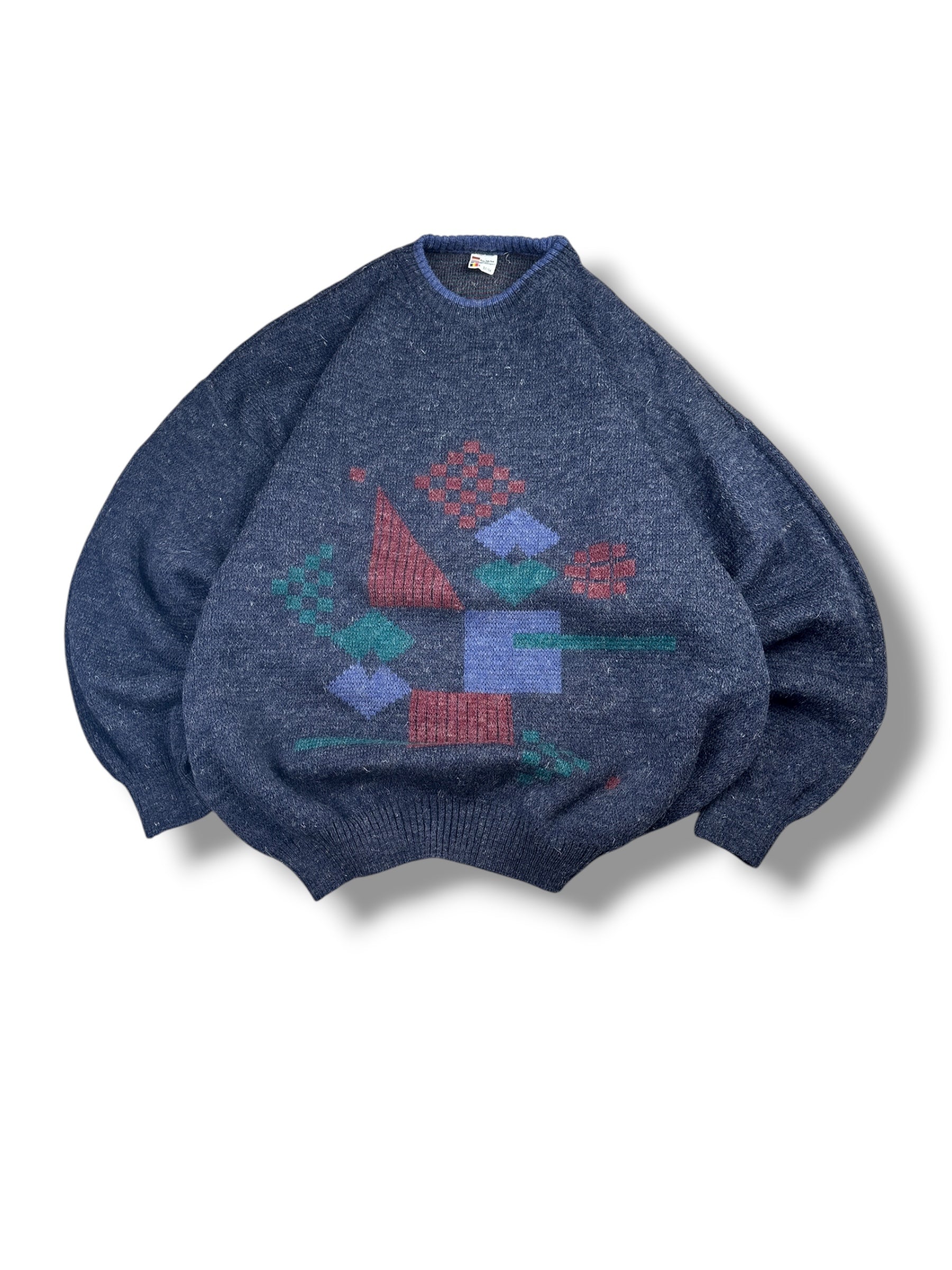 1980s Stricksweater Anthrazit Geometrisches Muster | Vintage L–XL