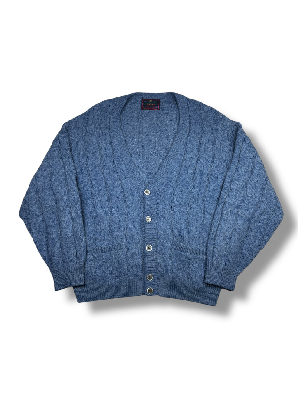 1990er Alpaka Cardigan Blau Zopfmuster | L