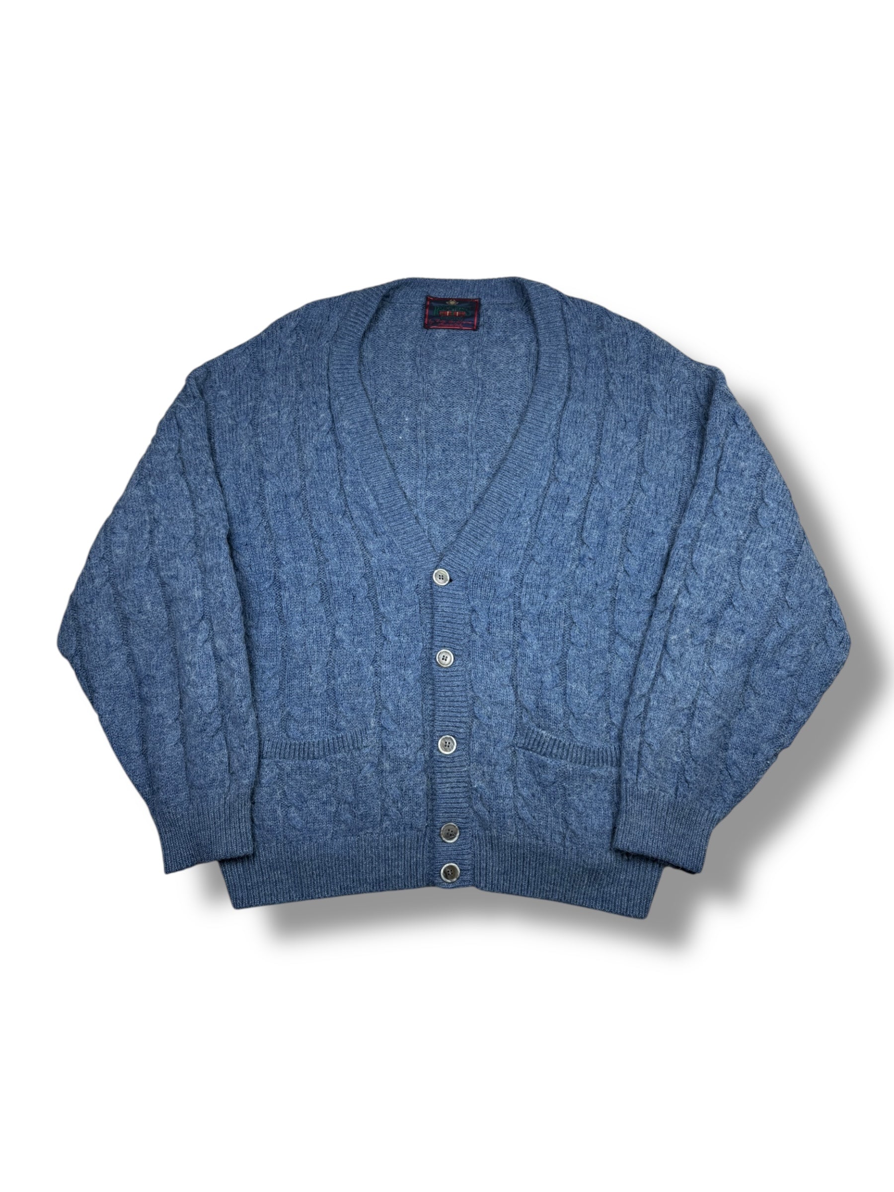 1990er Alpaka Cardigan Blau Zopfmuster | L