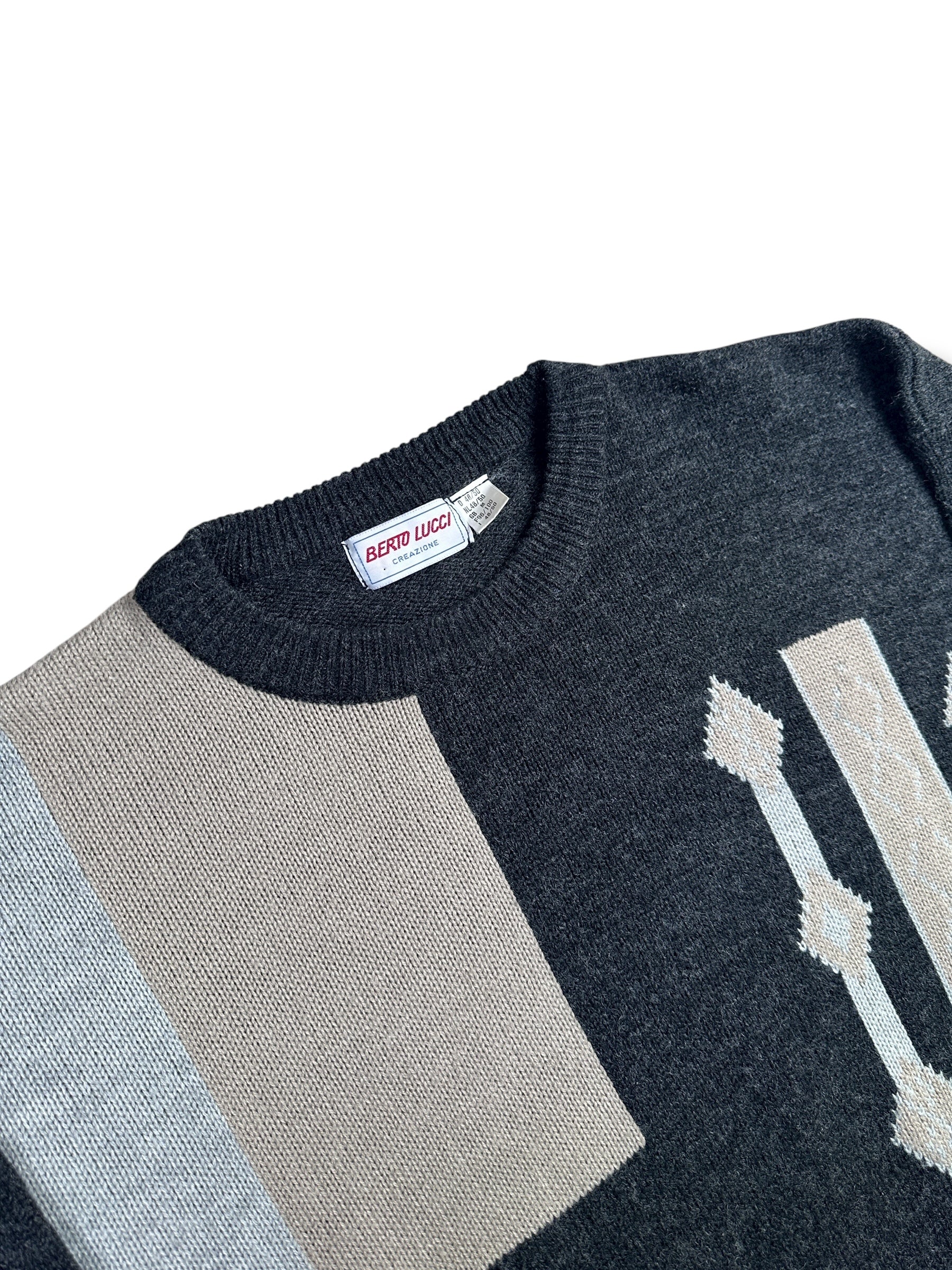 1990s Berto Lucci Creazione Strickpullover Dunkelgrau Geometrisches Muster | Vintage M