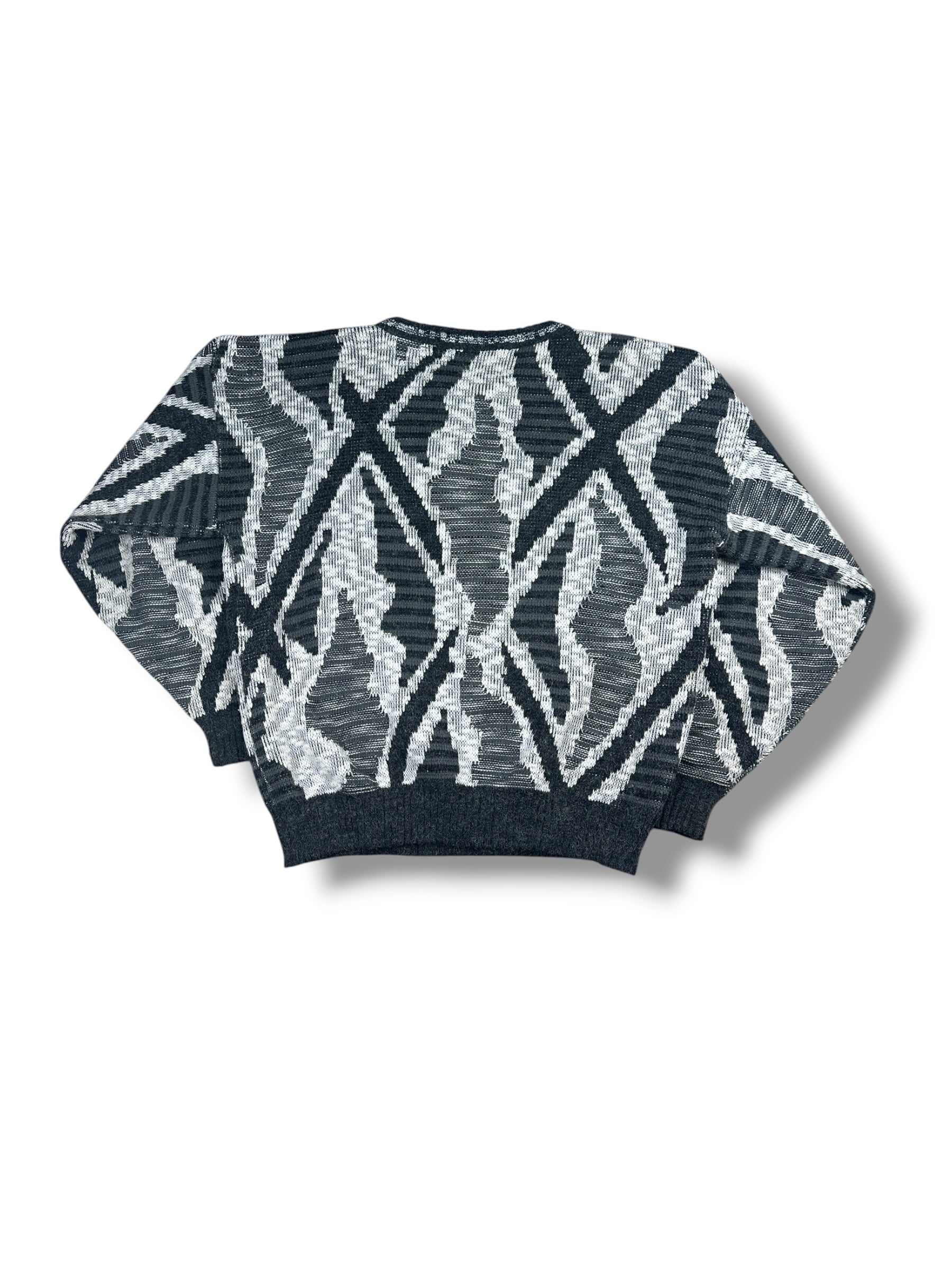 1990s Nino Foriers Strickpullover Schwarz/Grau Geometrisches Muster | Vintage S–M