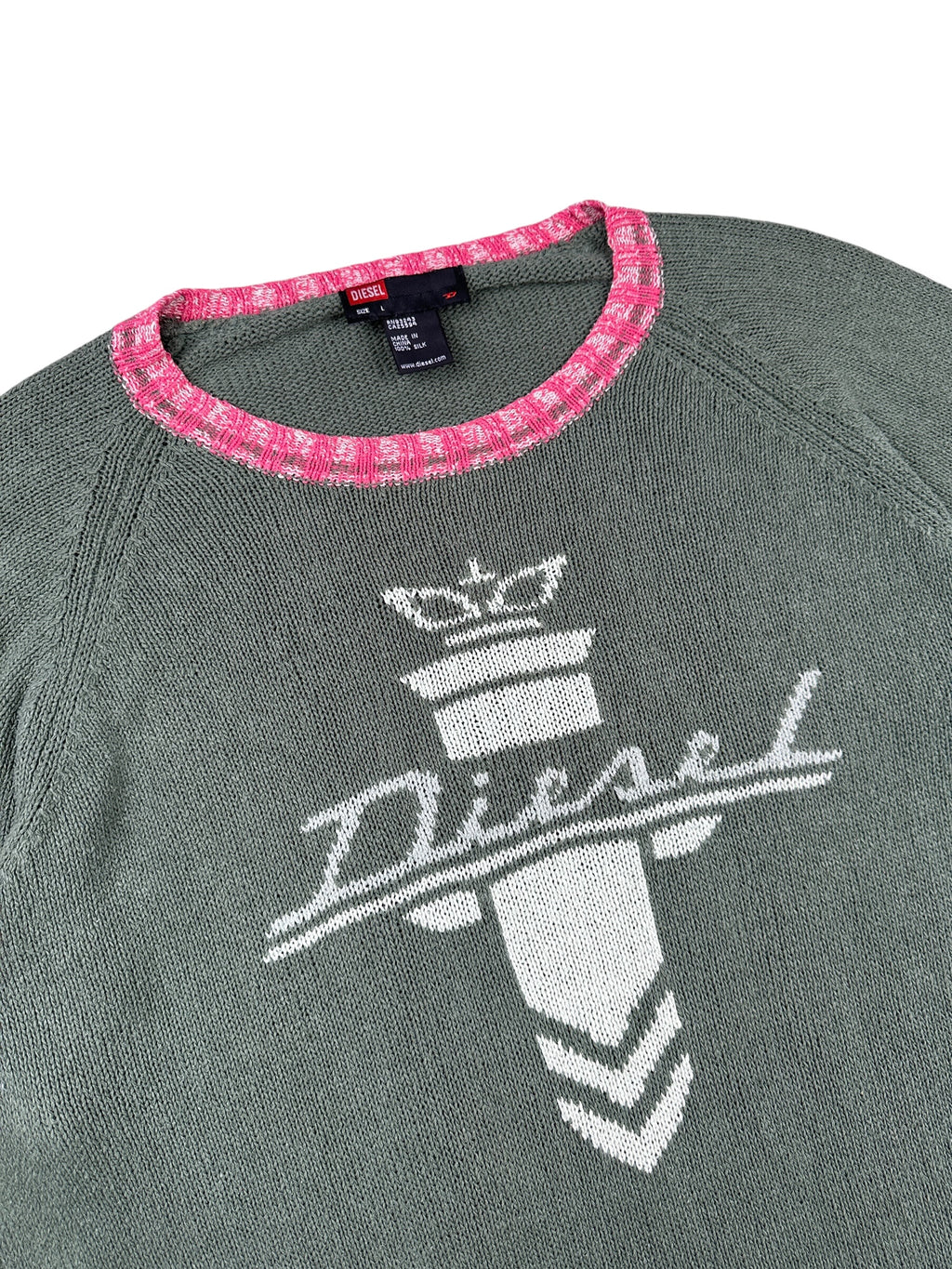 2000s Diesel Sweater Grün Seide mit rosa Kragen & Spellout | Vintage L