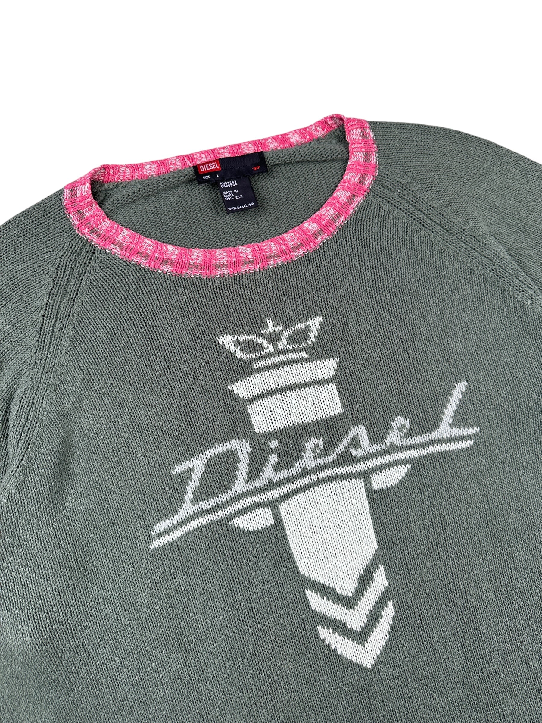2000s Diesel Sweater Grün Seide mit rosa Kragen & Spellout | Vintage L