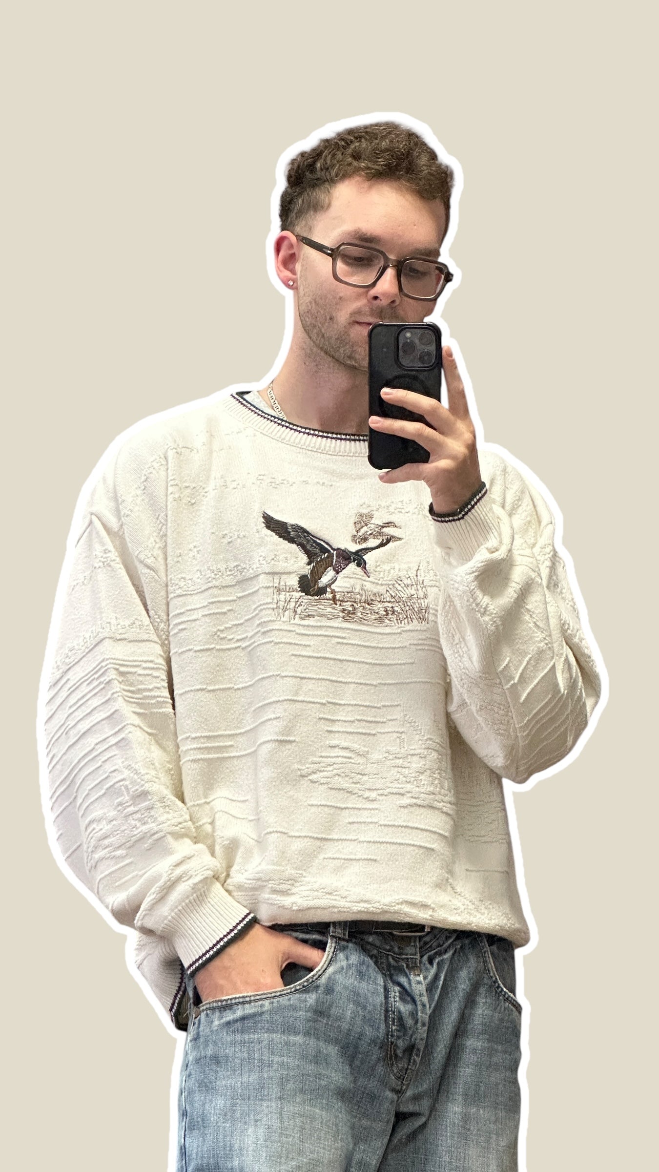 1990s Field Master Animal Print Stricksweater Ente 3D Stick | Vintage Size L