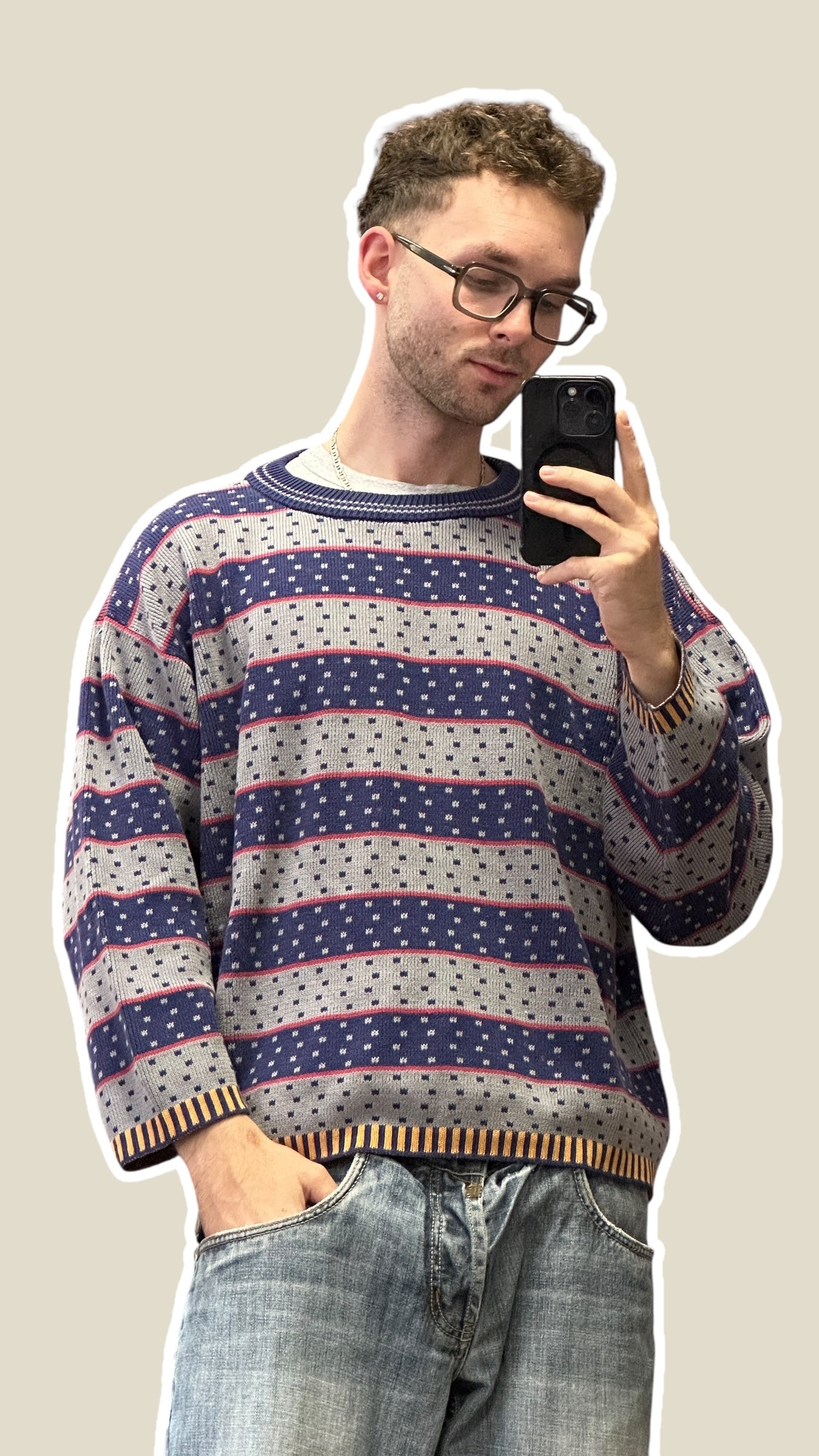 2010s Gudrun Sjödén Baumwolle Stricksweater Blau Grau Punkte | M