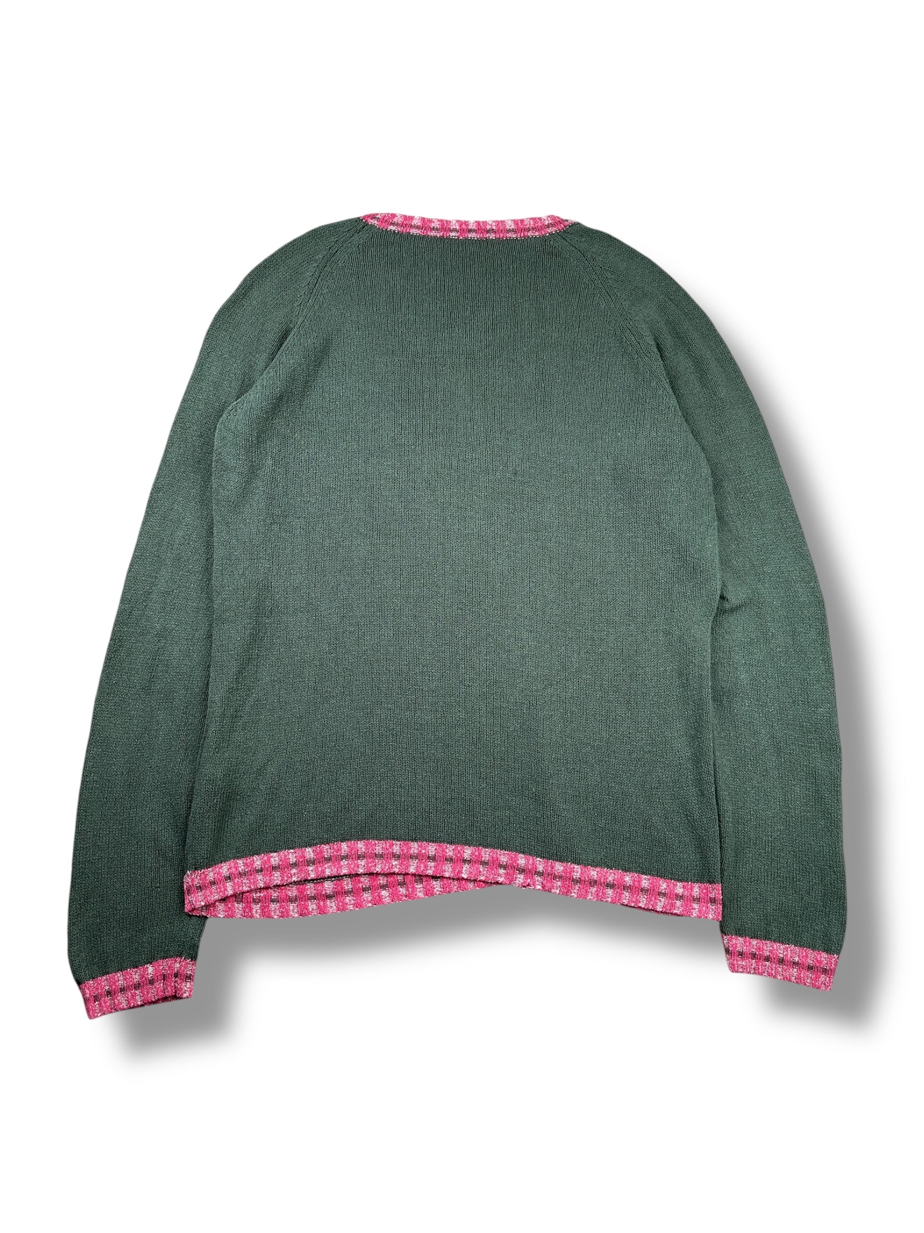 2000s Diesel Sweater Grün Seide mit rosa Kragen & Spellout | Vintage L