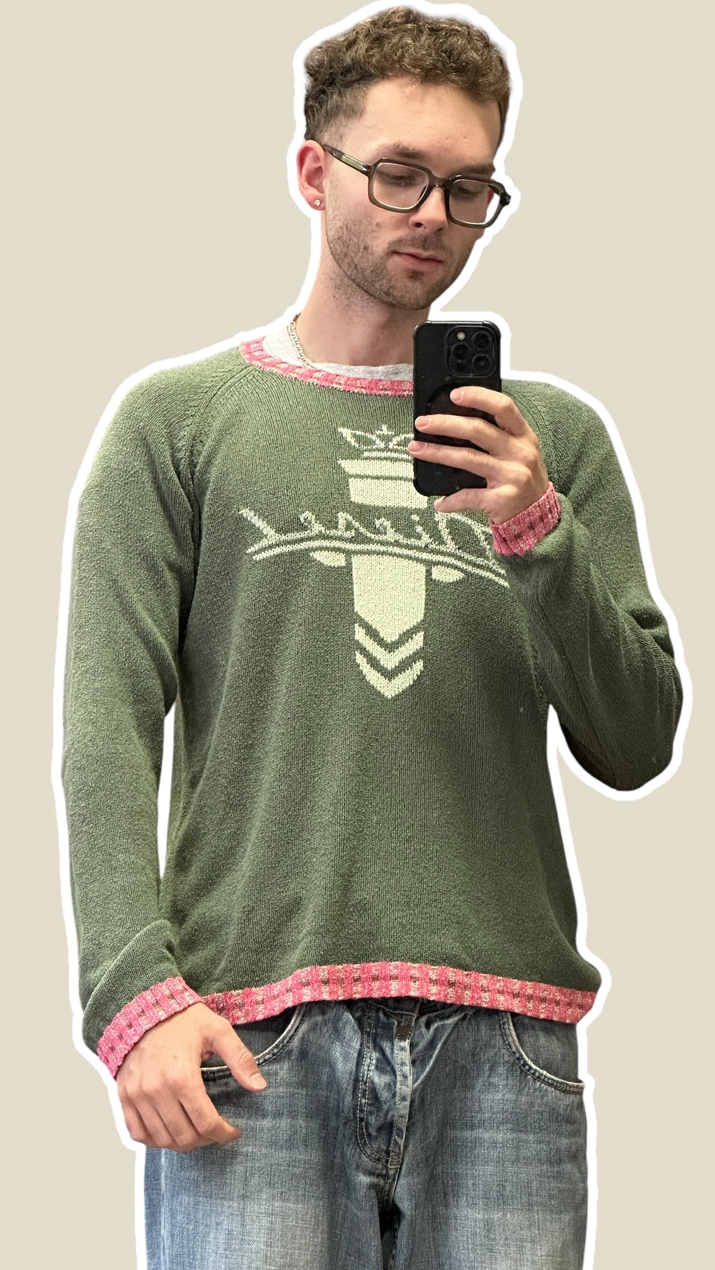 2000s Diesel Sweater Grün Seide mit rosa Kragen & Spellout | Vintage L