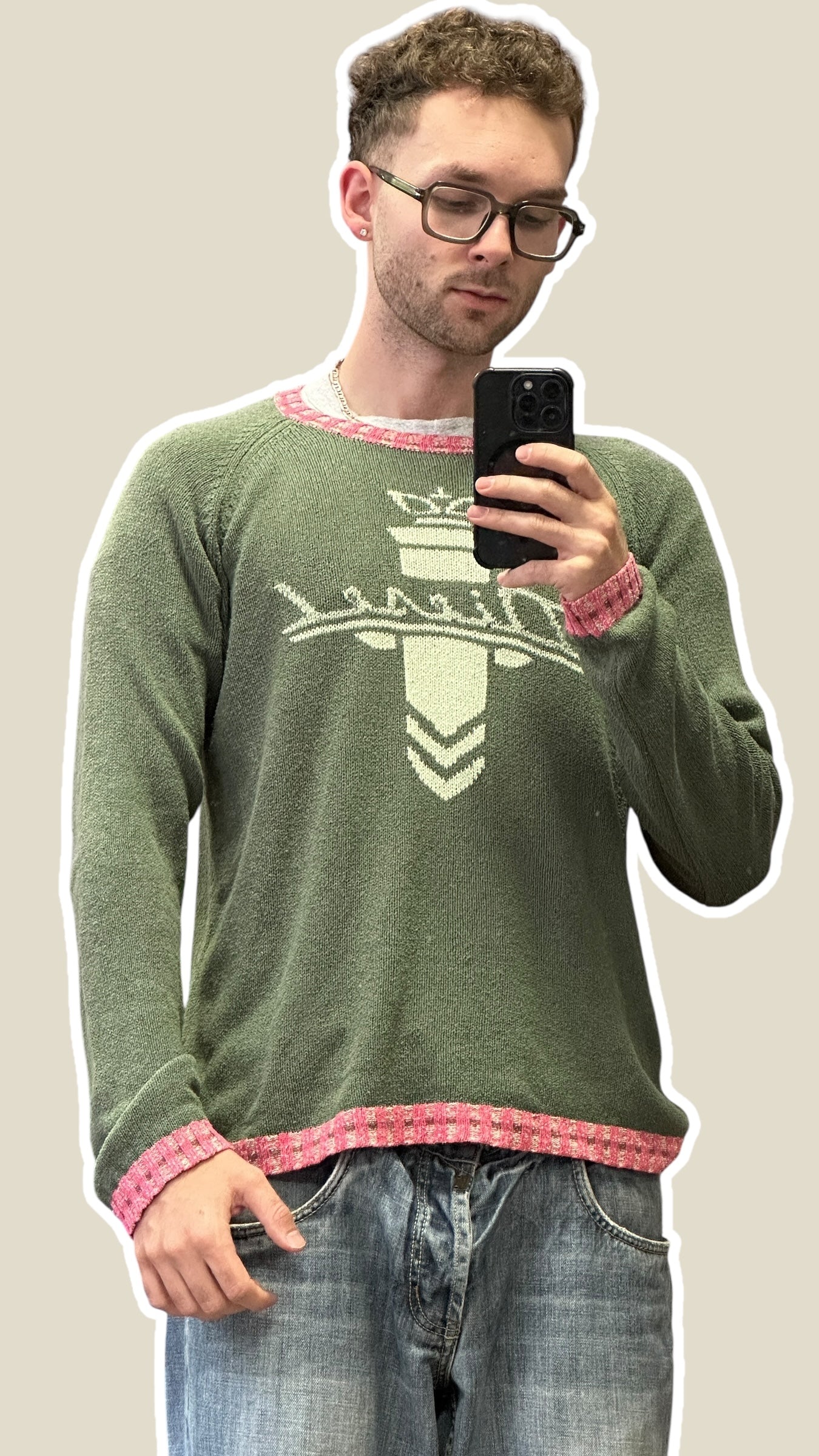 2000s Diesel Sweater Grün Seide mit rosa Kragen & Spellout | Vintage L