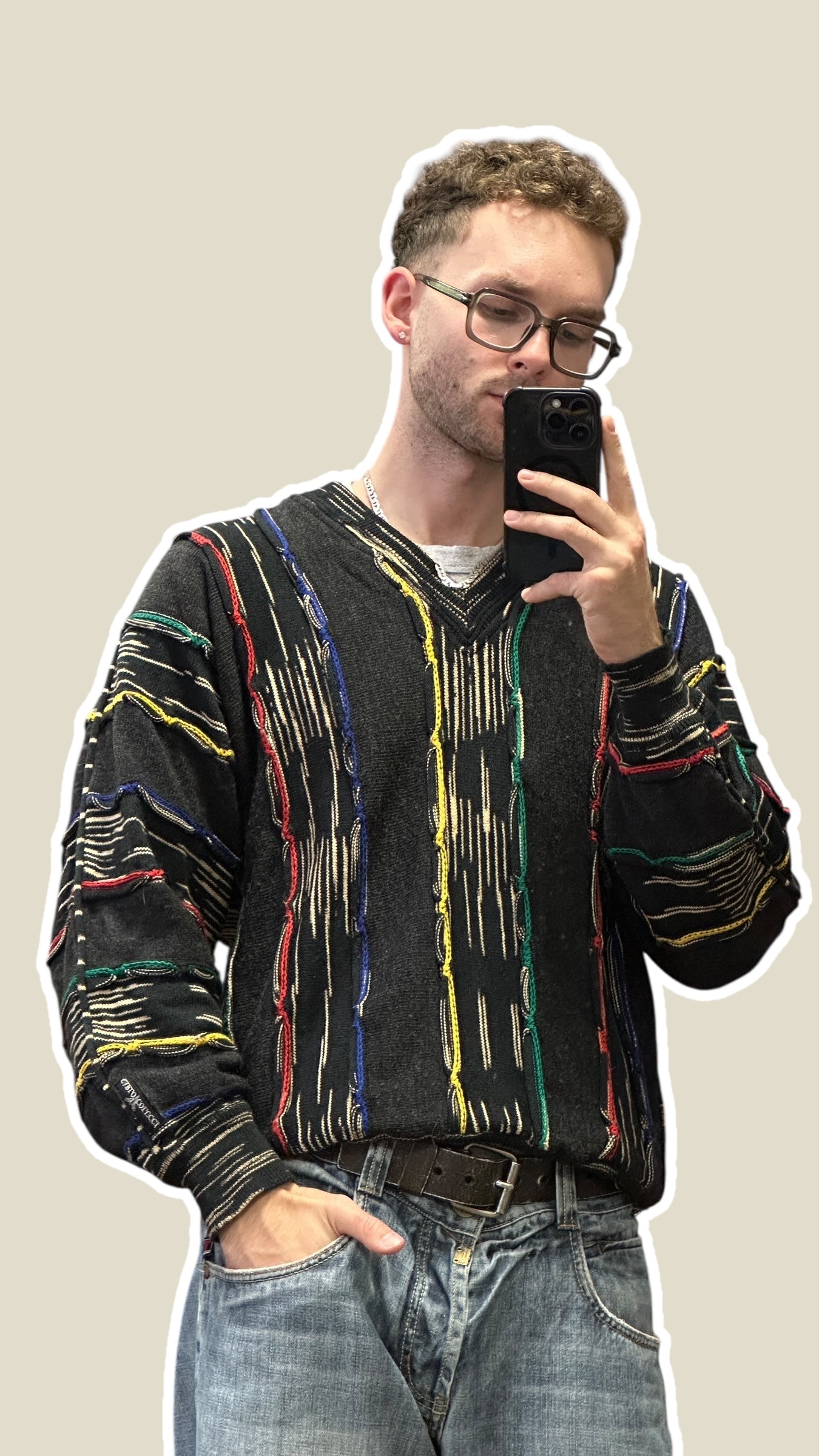 1990s Carlo Colucci Strickpullover Schwarz & Multicolor 3D-Streifen | Vintage M