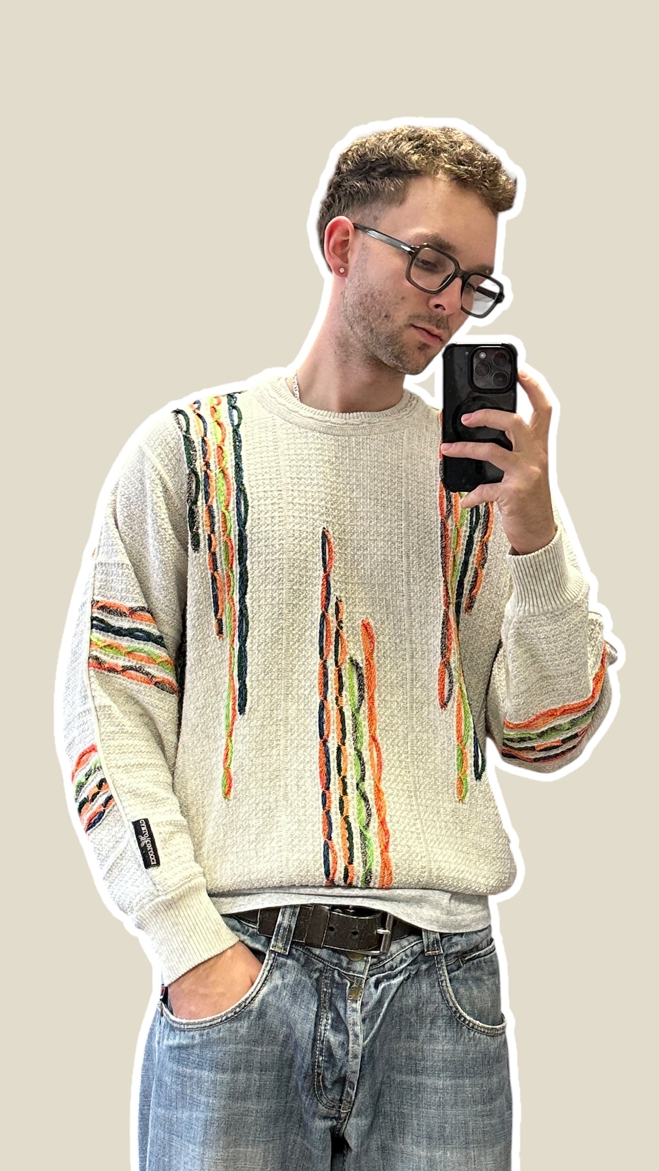 1990s Carlo Colucci 3D-Strickpullover Hellgrau mit bunten Streifen | Vintage M-L