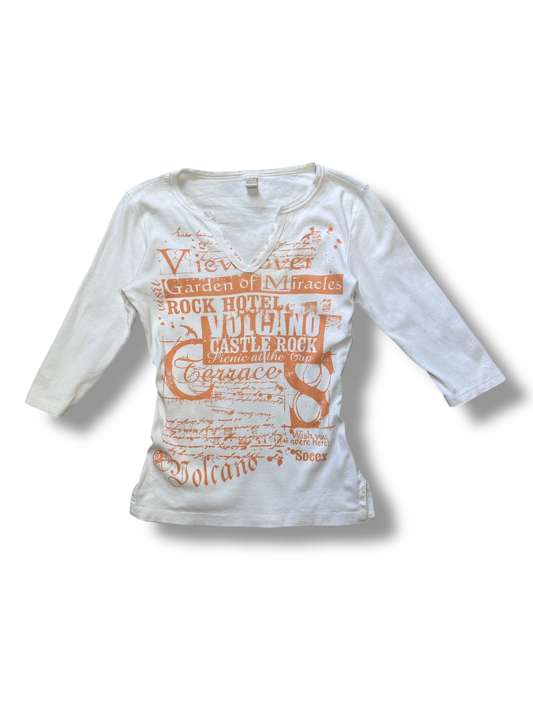 Y2K Soccx 3/4 Sleeve Weiß mit Orangenem Print | Women’s Size M | Vintage