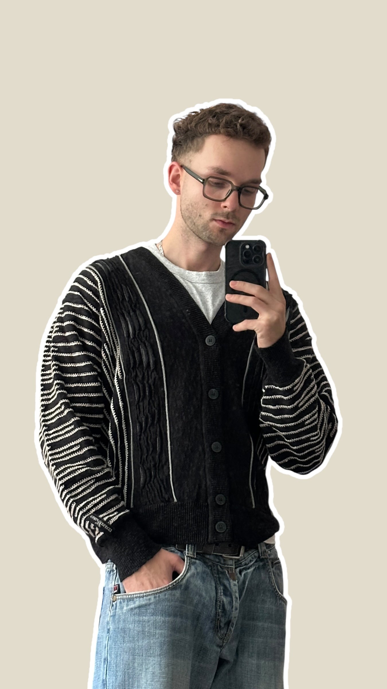1990s Carlo Colucci Strick-Cardigan Schwarz mit weißen Streifen | Vintage M