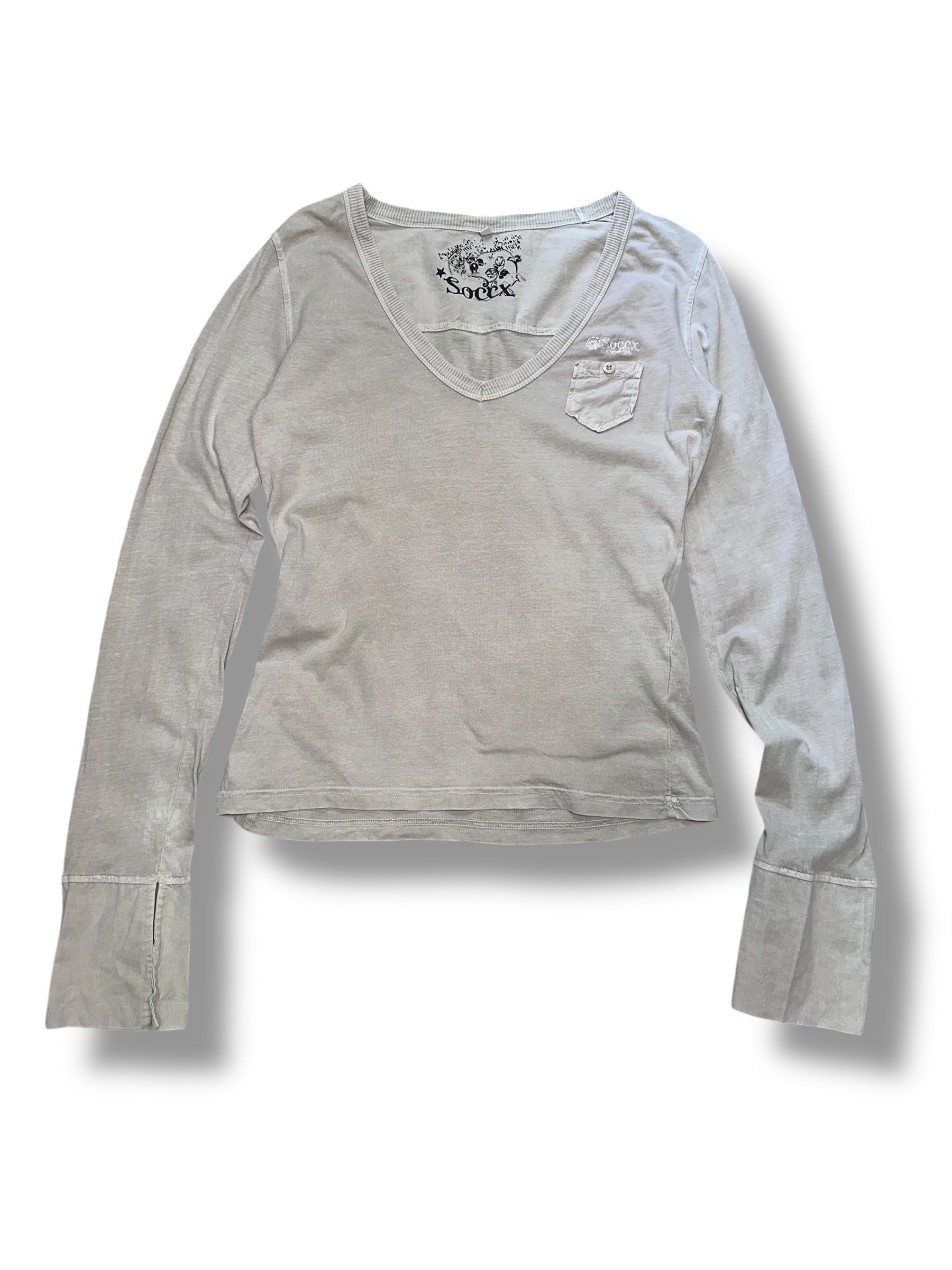 Y2K Soccx Basic Longsleeve Beige mit Tasche & V-Ausschnitt | Women’s Size 38 | Vintage
