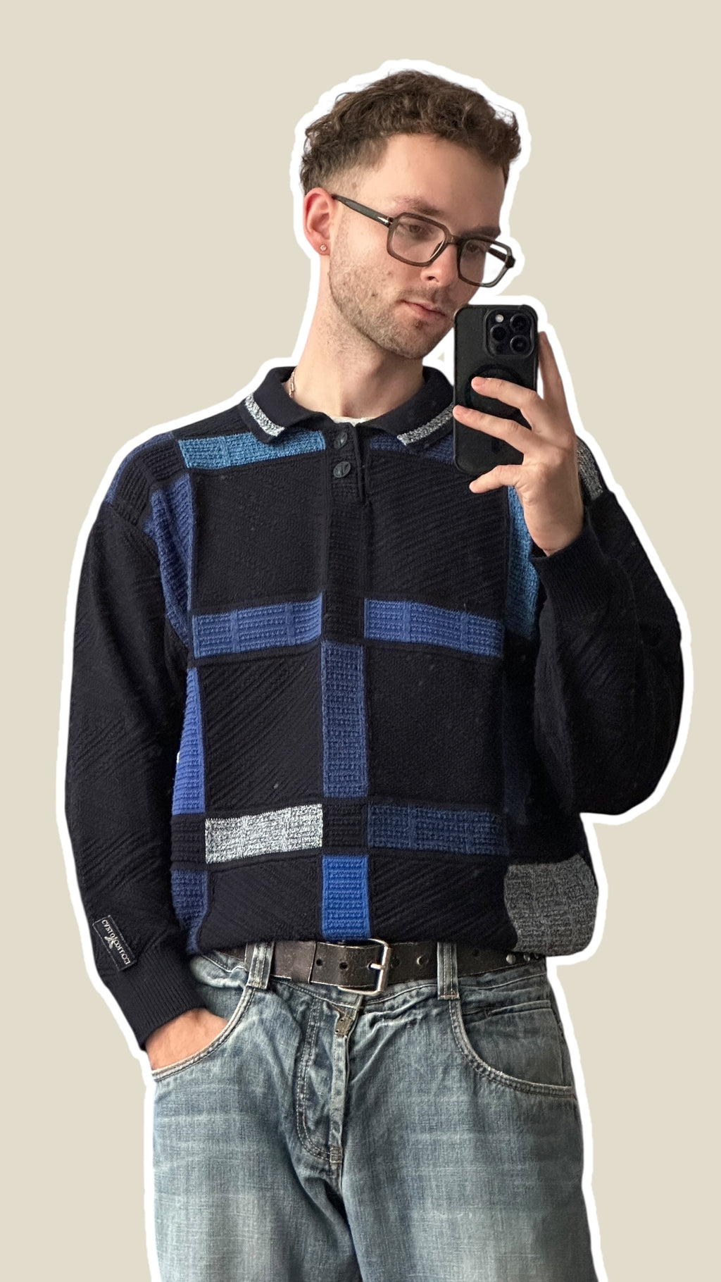 1990s Carlo Colucci Langarm-Stricksweater Polo Dunkel- & Hellblau Quadrat-Design | Vintage M