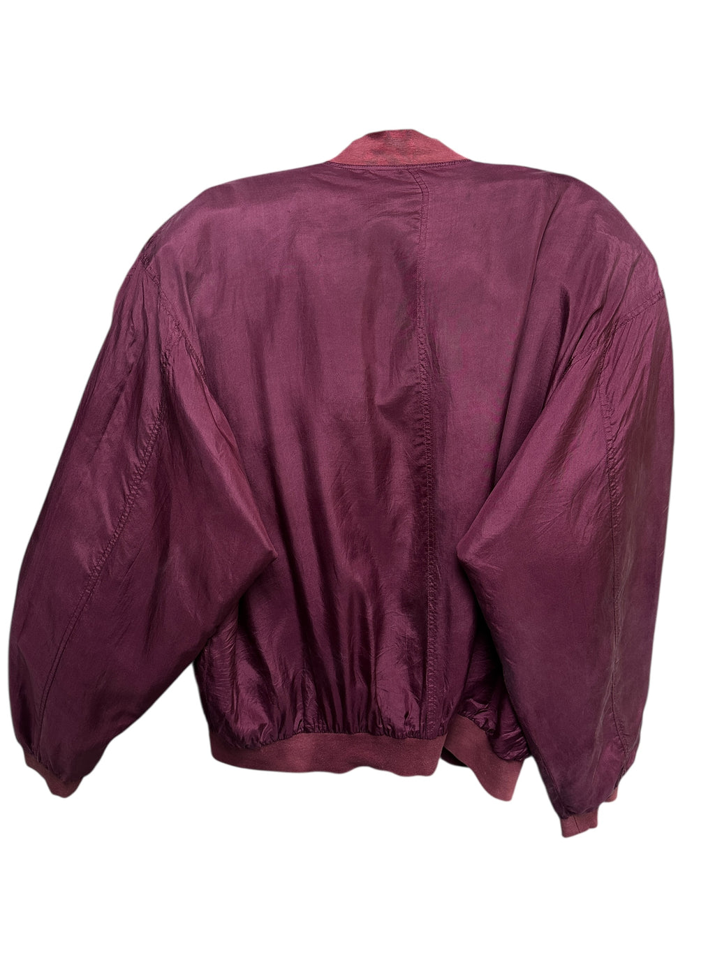 1980s Satin Bomberjacke Bordeauxrot mit Schulterpolstern | Men’s L