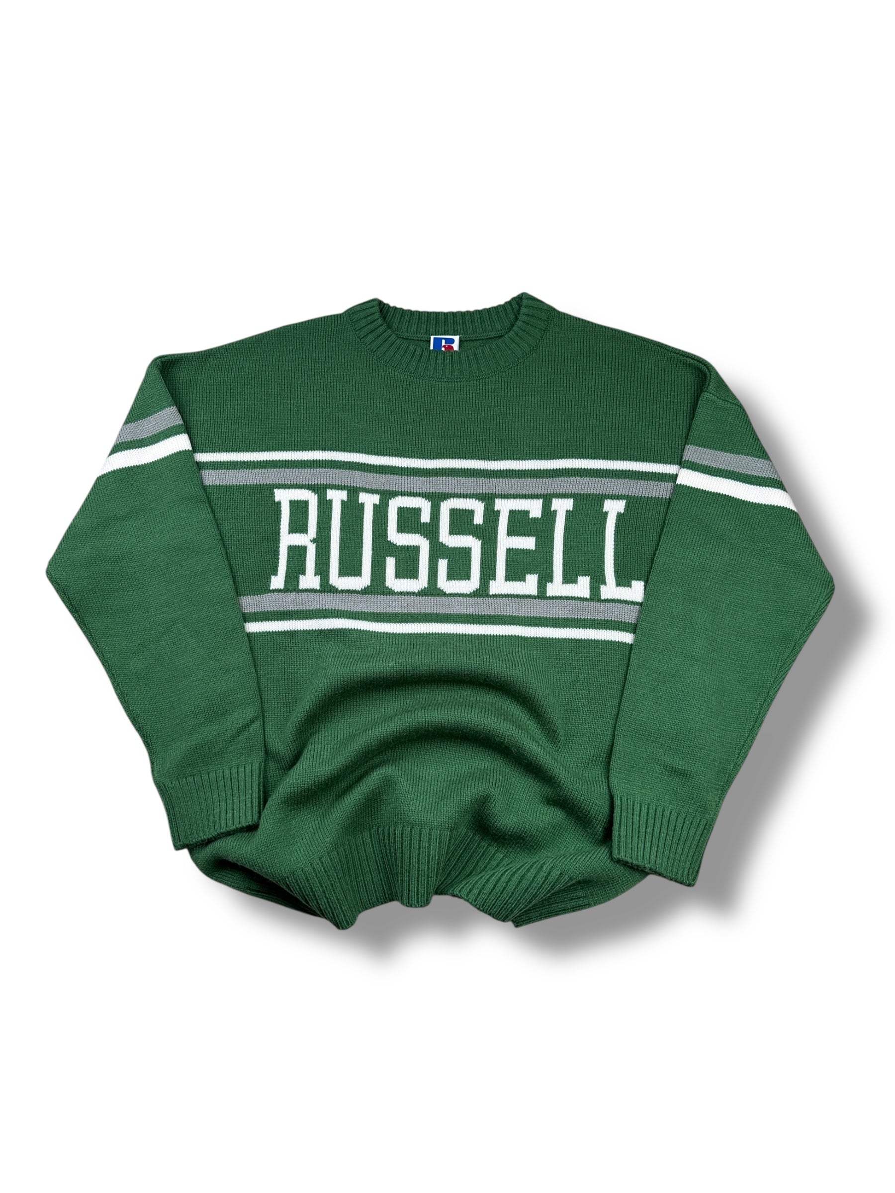 2000s Russell Stricksweater Grün mit Spellout & hellen Streifen | Vintage XS