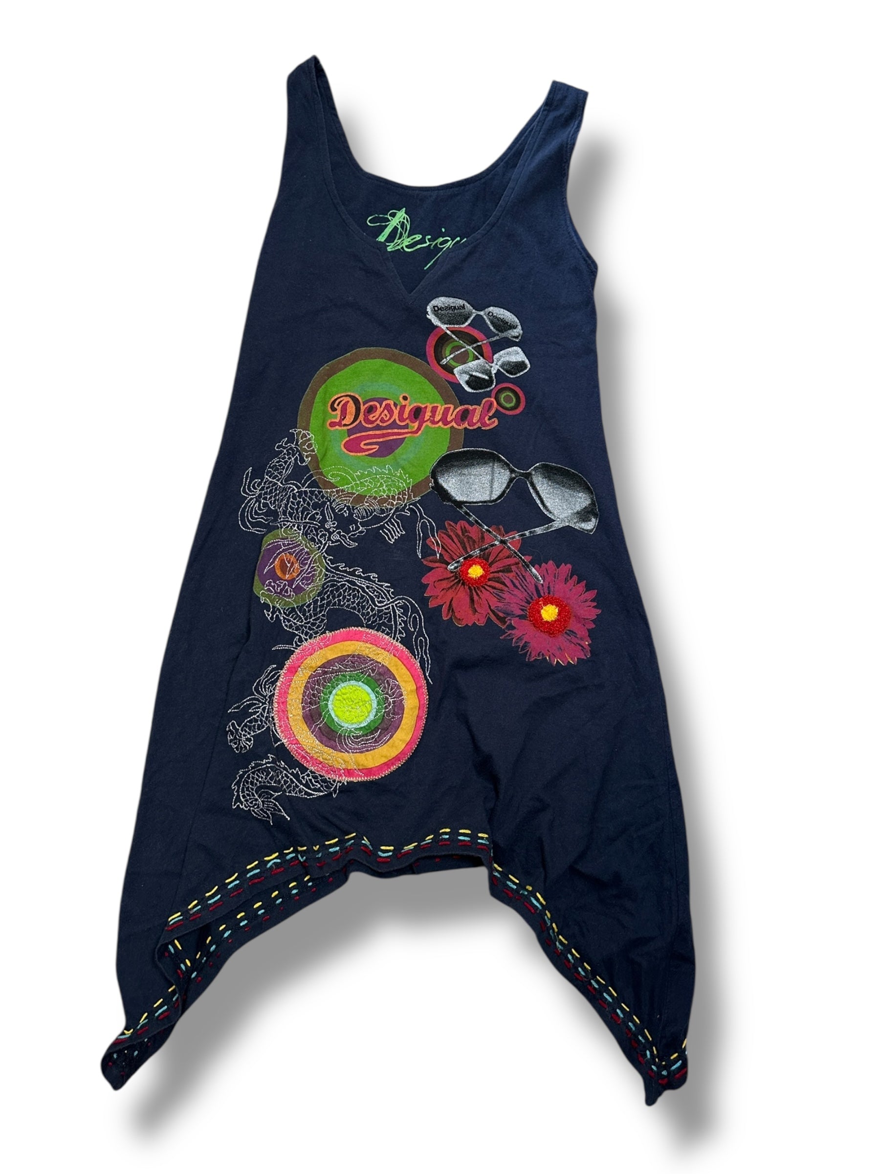 Y2K Desigual Kleid Dunkelblau mit Patches & Drachen | Women’s Size S | Vintage