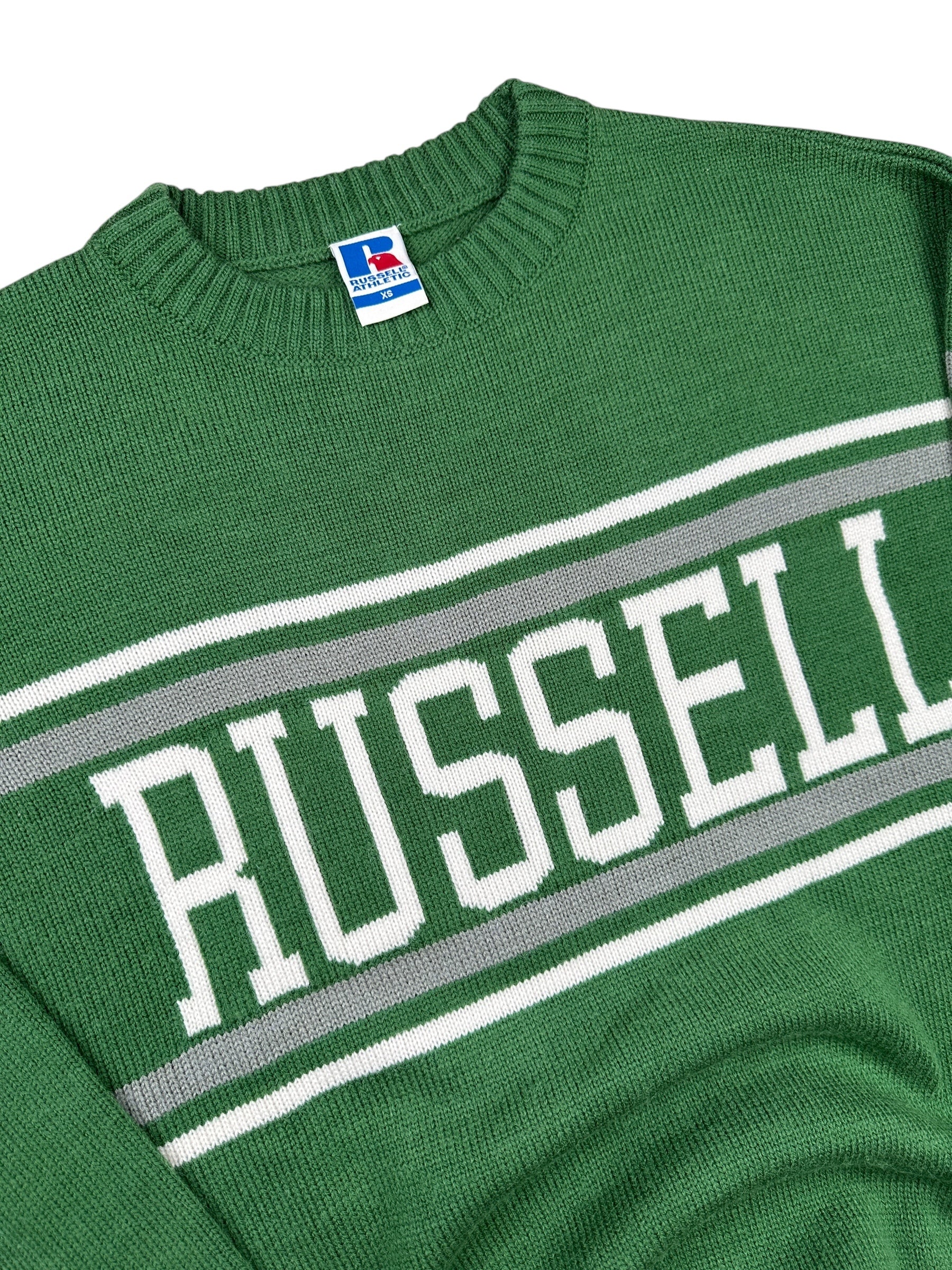 2000s Russell Stricksweater Grün mit Spellout & hellen Streifen | Vintage XS