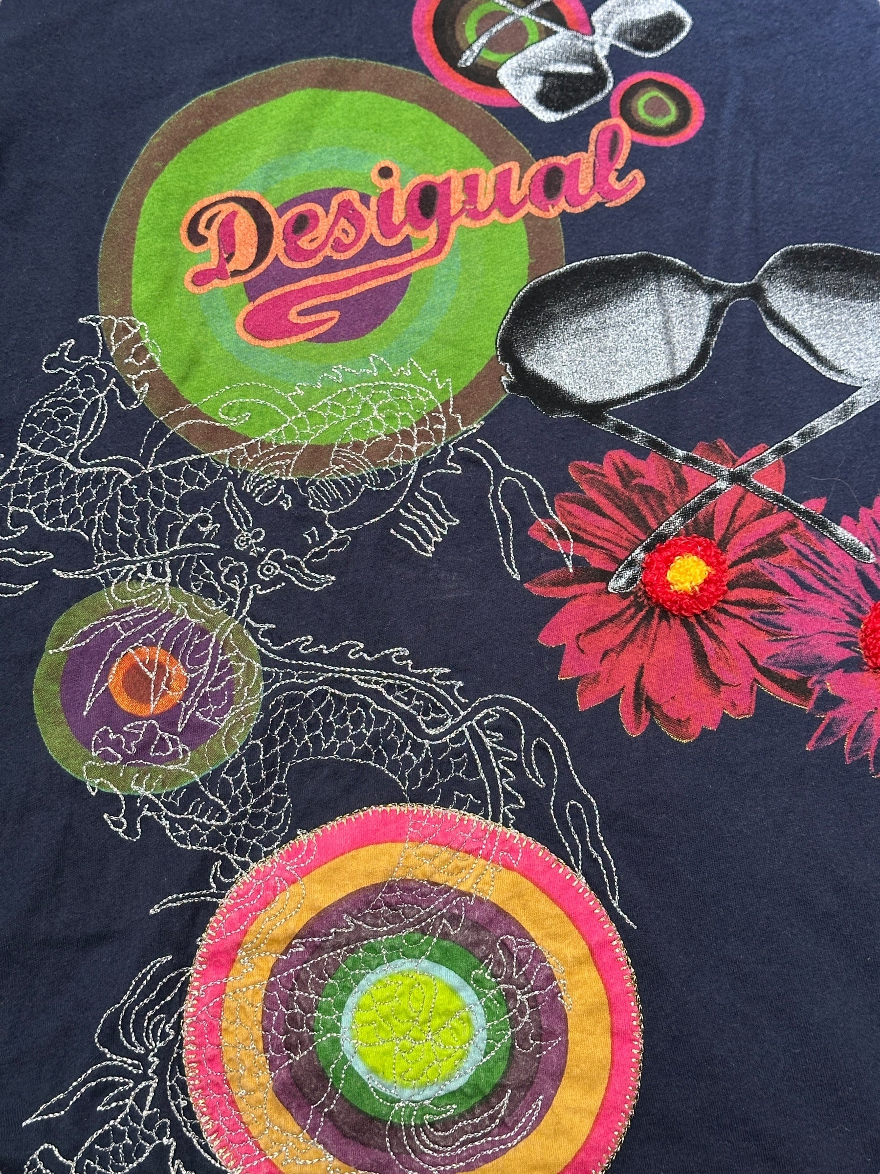Y2K Desigual Kleid Dunkelblau mit Patches & Drachen | Women’s Size S | Vintage
