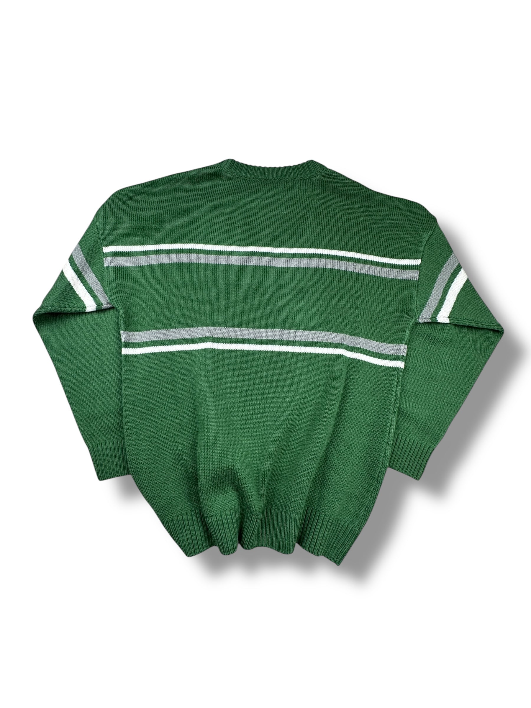 2000s Russell Stricksweater Grün mit Spellout & hellen Streifen | Vintage XS
