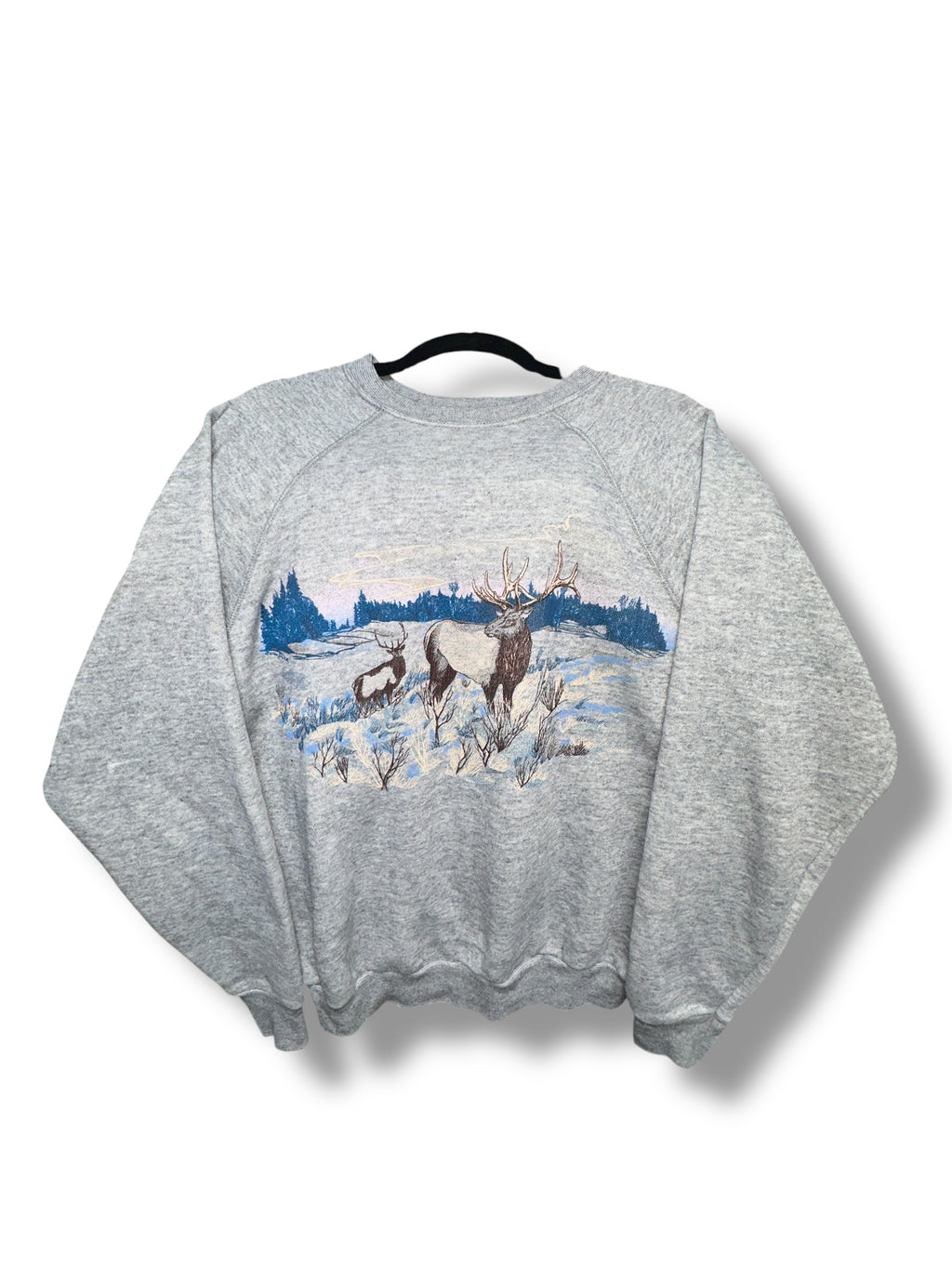1986 Anvil Vintage Sweater Grau Hirsch Schneelandschaft Print | Men’s L