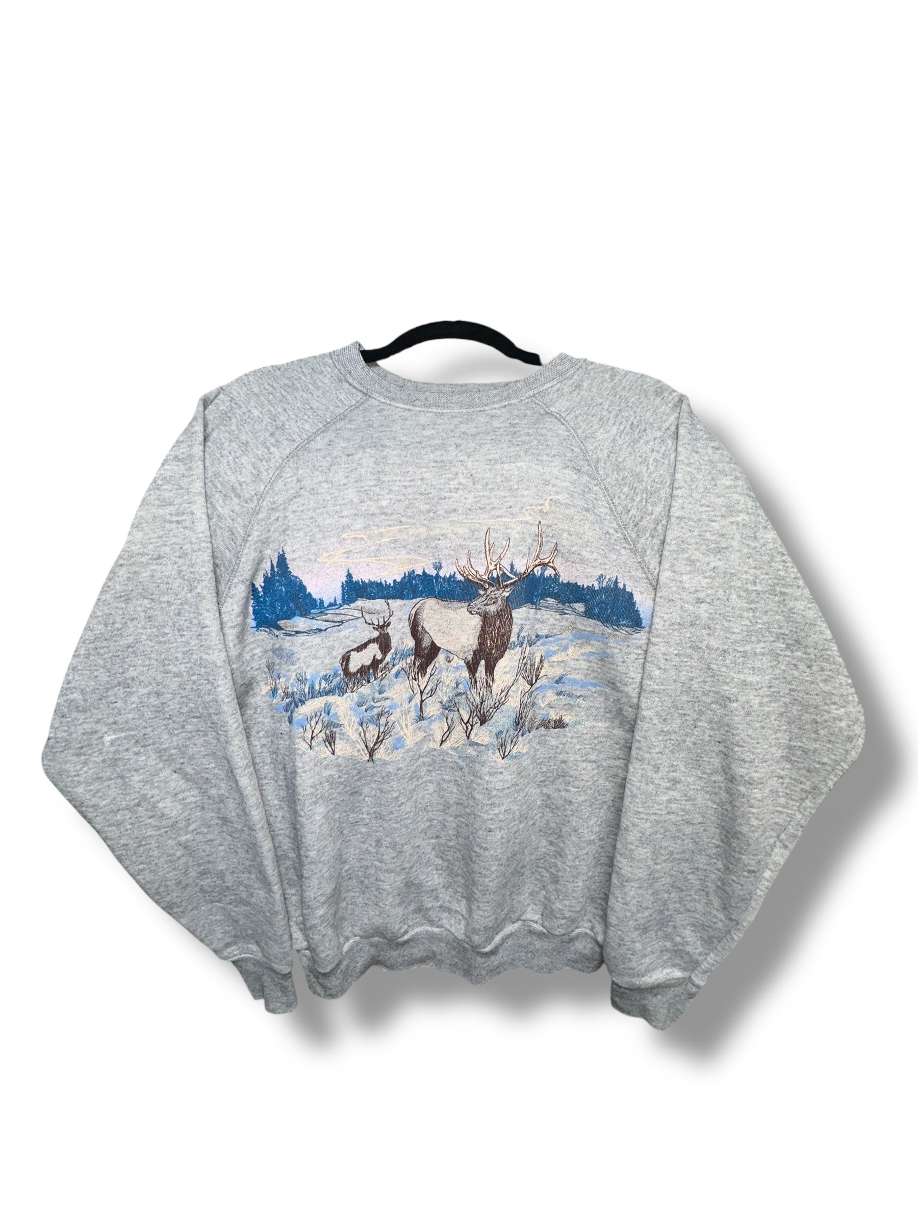 1986 Anvil Vintage Sweater Grau Hirsch Schneelandschaft Print | Men’s L