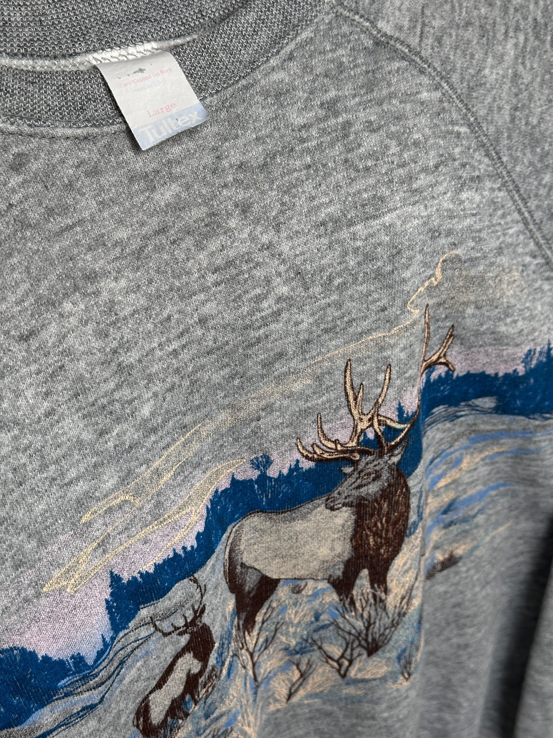 1986 Anvil Vintage Sweater Grau Hirsch Schneelandschaft Print | Men’s L