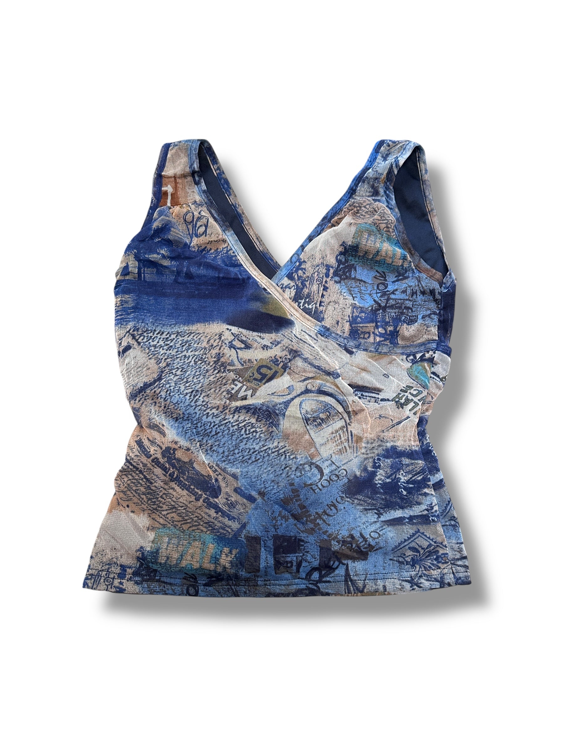 Cassani Trägertop Abstraktes Design Beige/Blau | Women’s Size 38 | Vintage