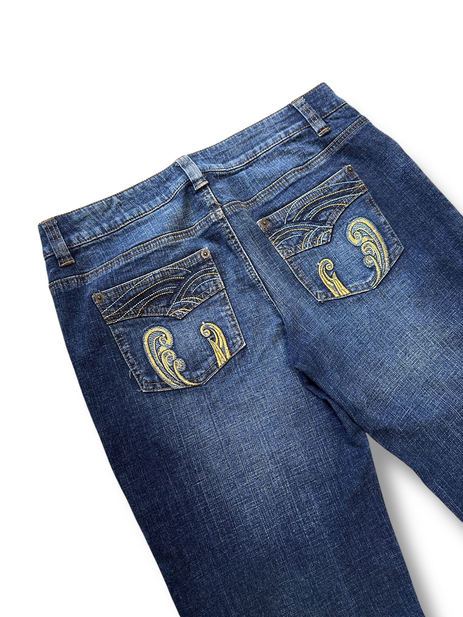 Y2K John Bauer Jeans Low Waist Dunkelblau mit Stickerei & Glitzersteinen | 38 Women’s W29
