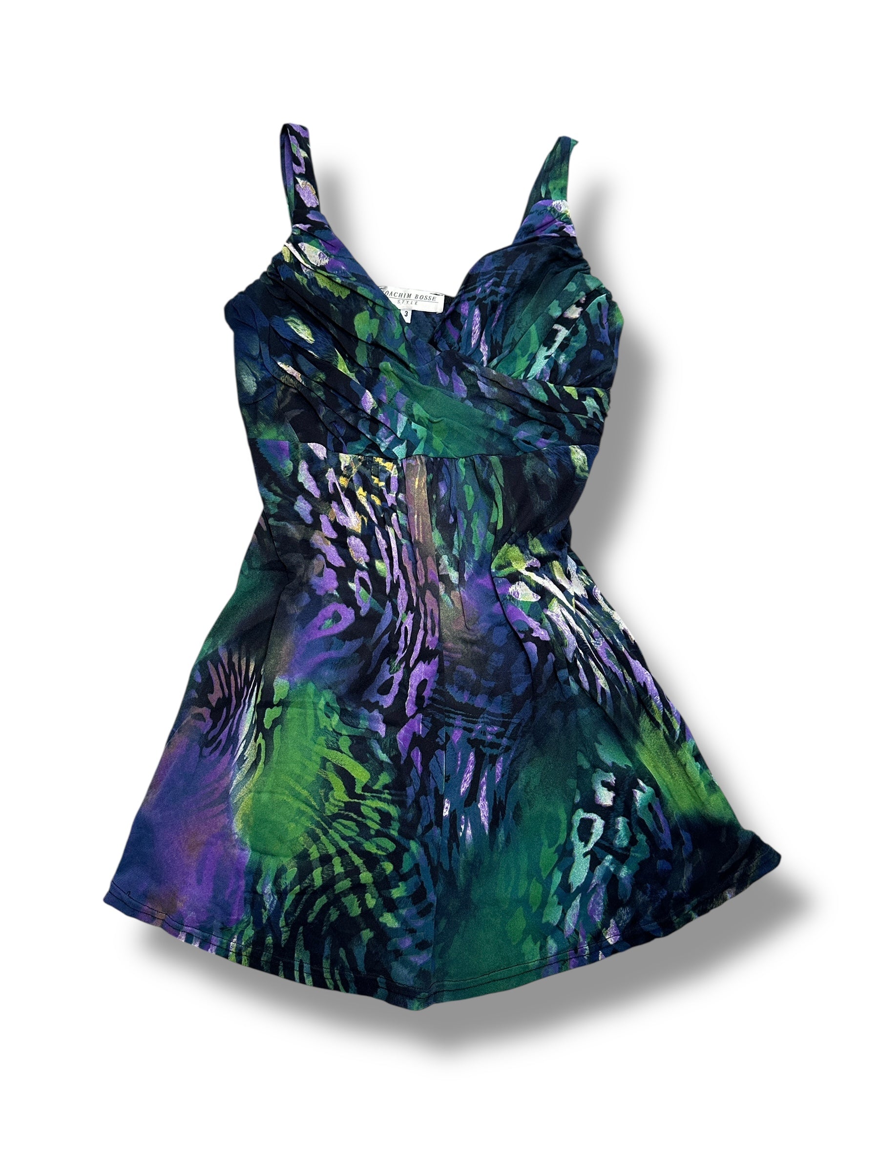 1990s Joachim Bosse Kleid Leopardprint Schwarz/Lila/Grün | Women’s Size 3 (S-M) | Vintage