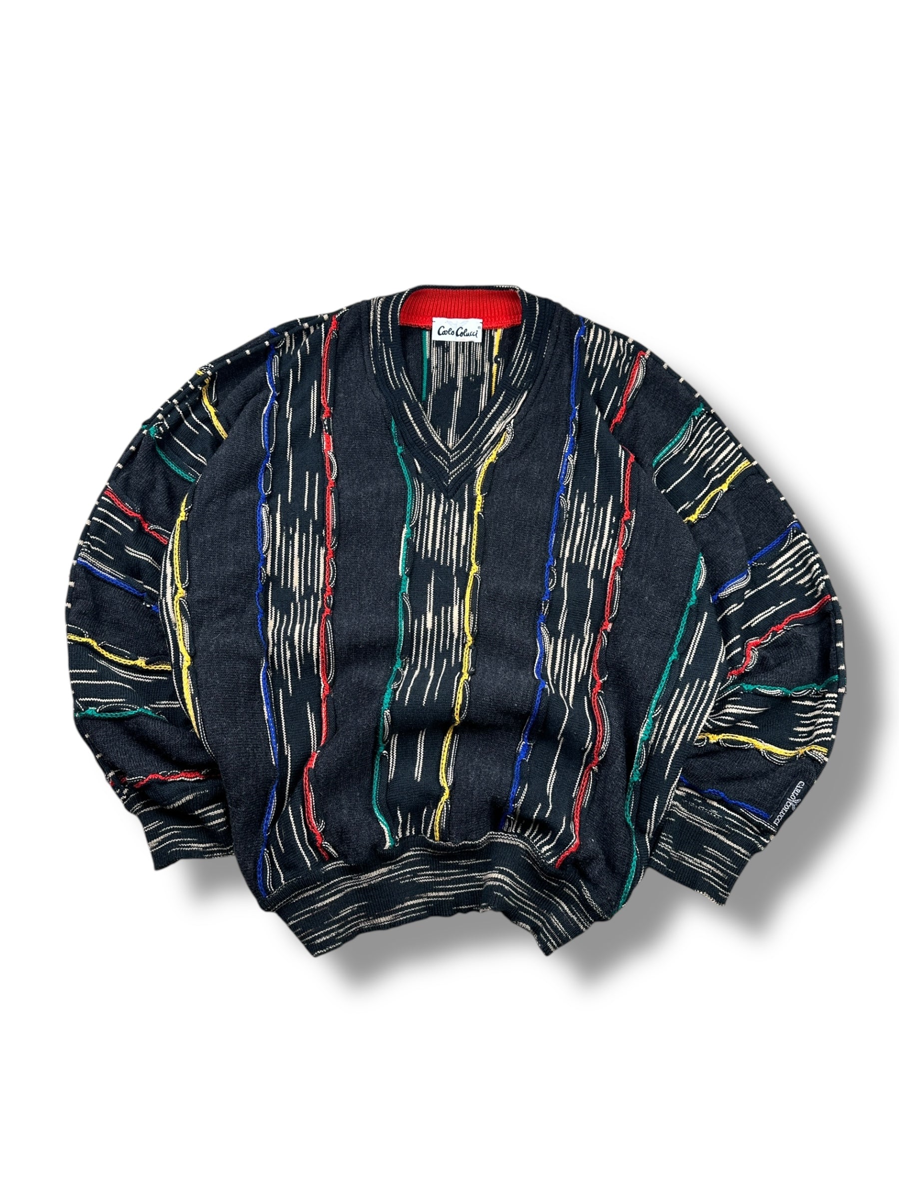 1990s Carlo Colucci Strickpullover Schwarz & Multicolor 3D-Streifen | Vintage M