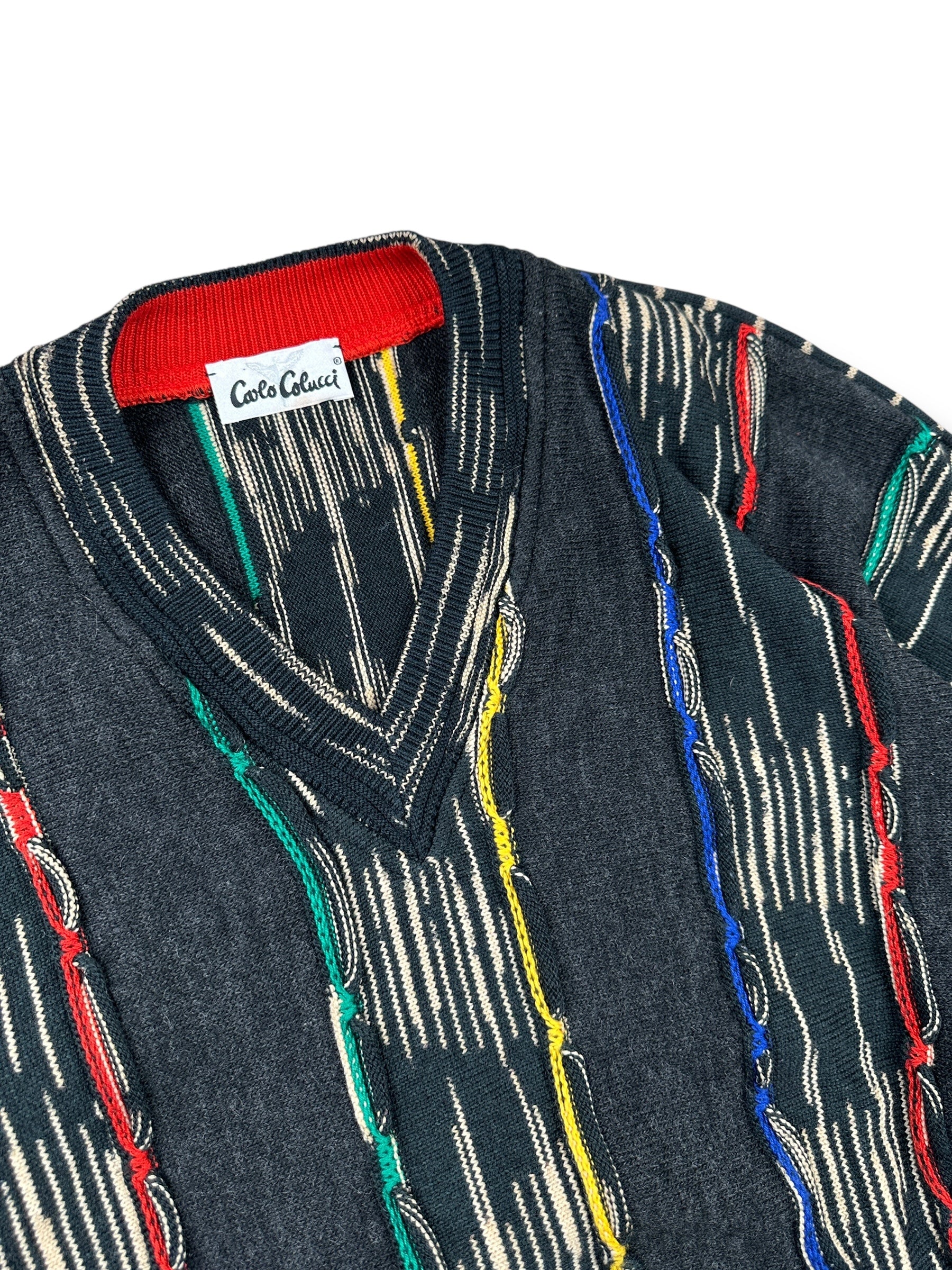 1990s Carlo Colucci Strickpullover Schwarz & Multicolor 3D-Streifen | Vintage M