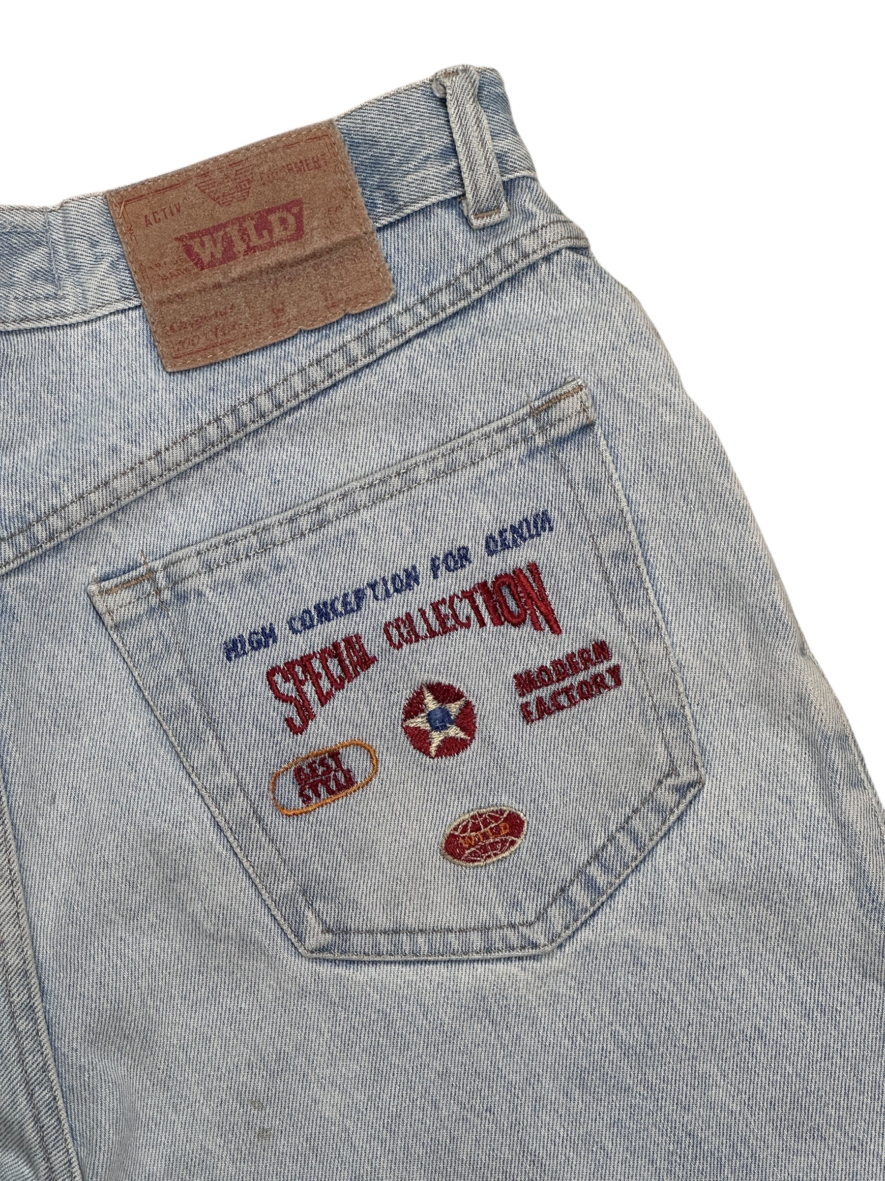 1990s Wild Blue Jeans Shorts Blau mit Stickerei | Men’s Size M | Vintage