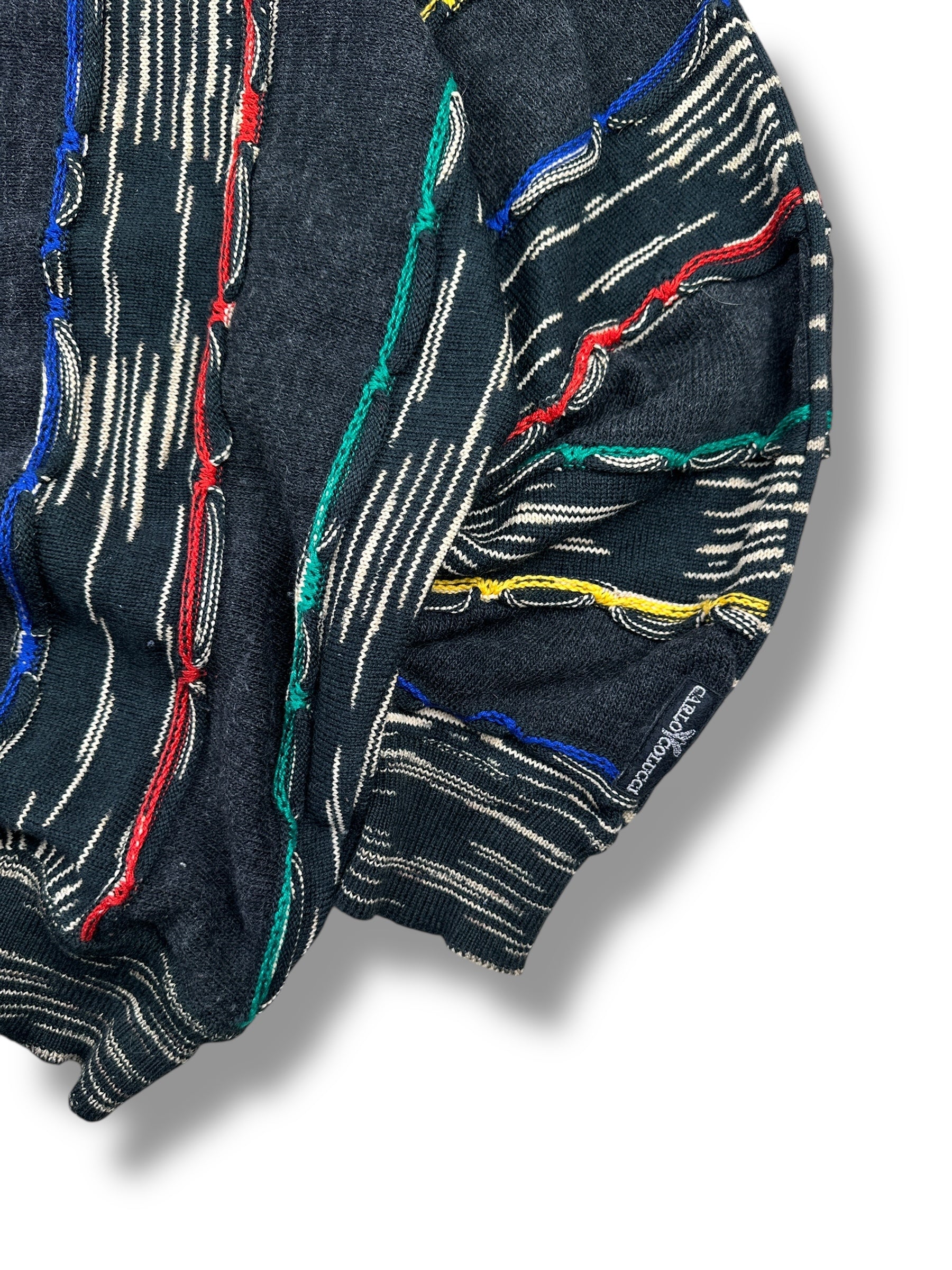 1990s Carlo Colucci Strickpullover Schwarz & Multicolor 3D-Streifen | Vintage M