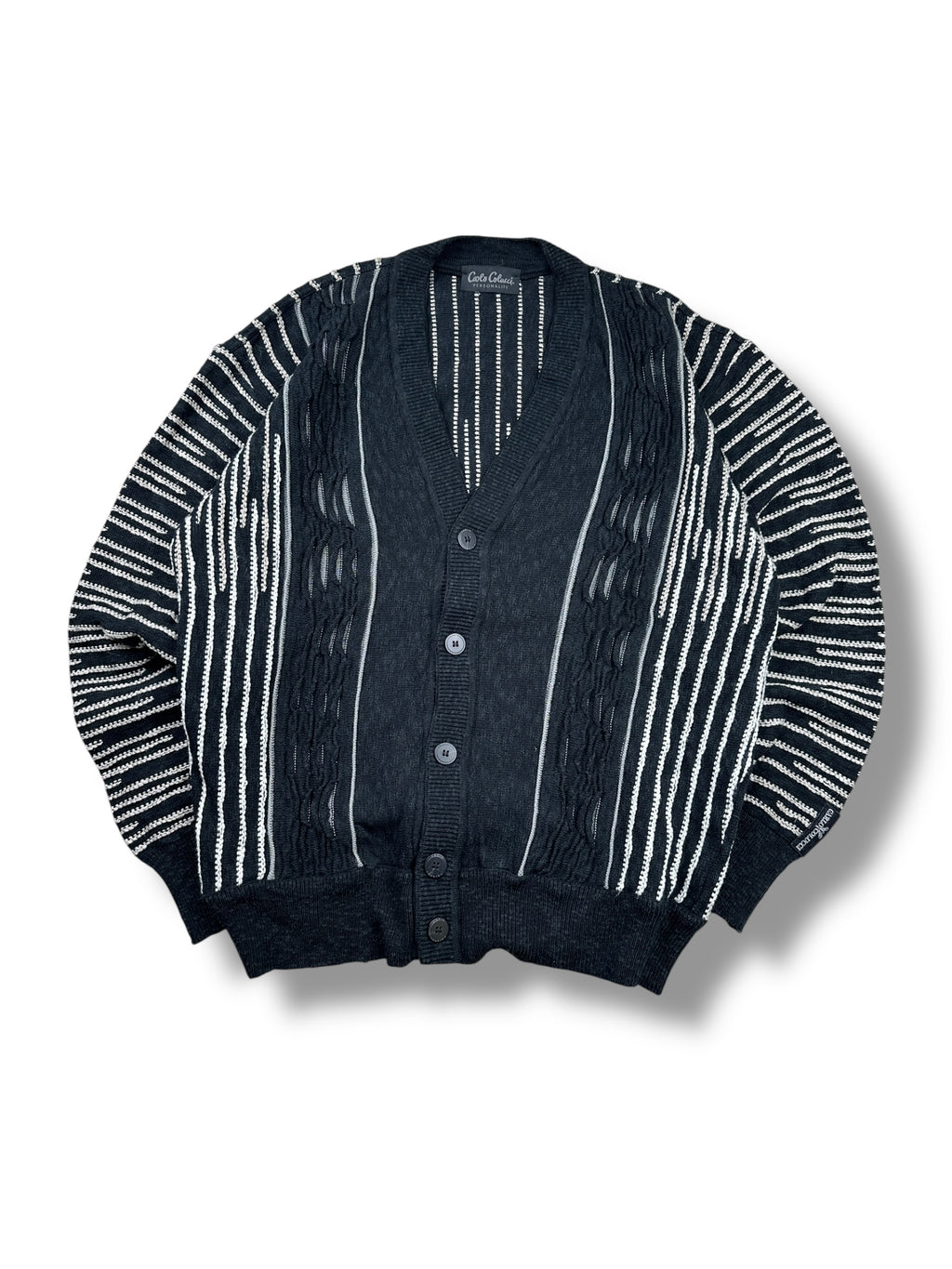 1990s Carlo Colucci Strick-Cardigan Schwarz mit weißen Streifen | Vintage M