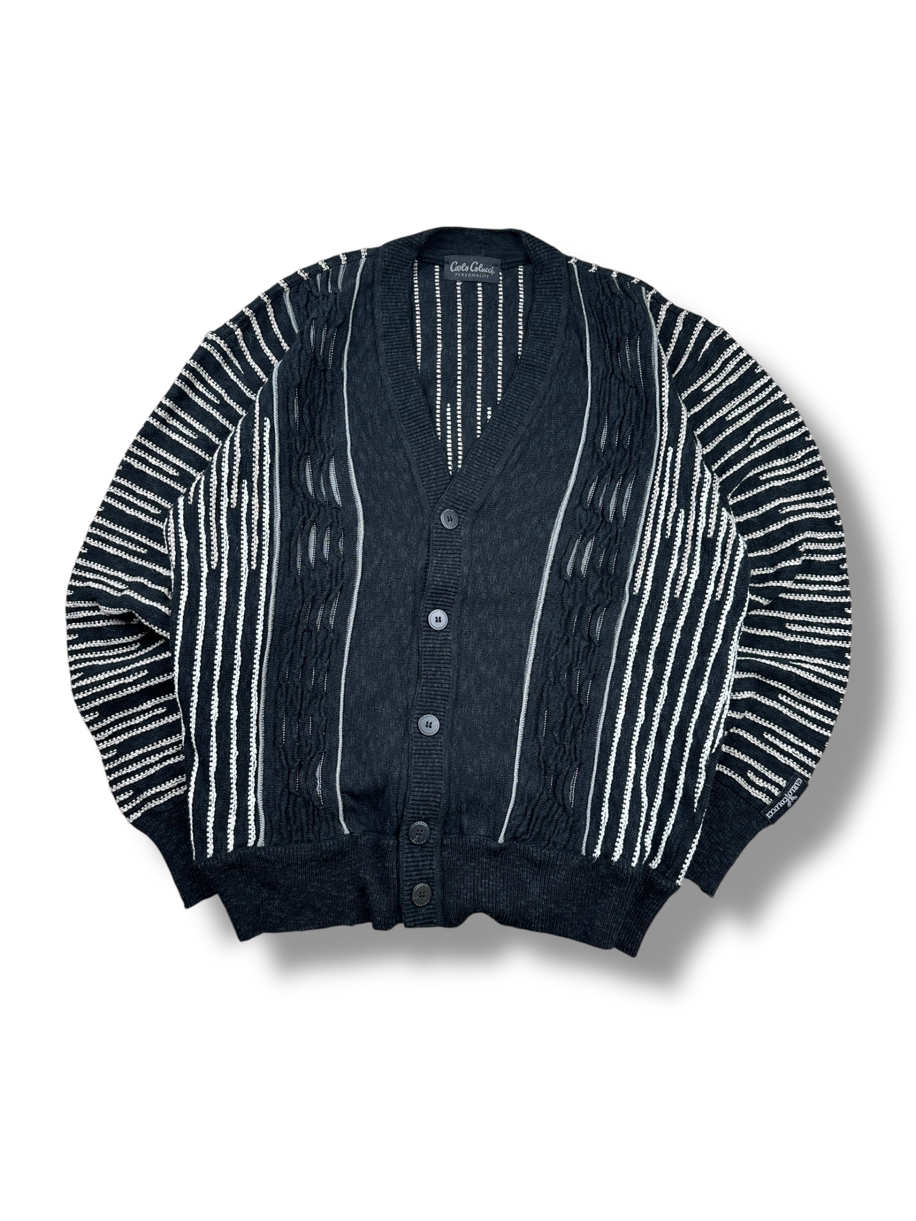 1990s Carlo Colucci Strick-Cardigan Schwarz mit weißen Streifen | Vintage M