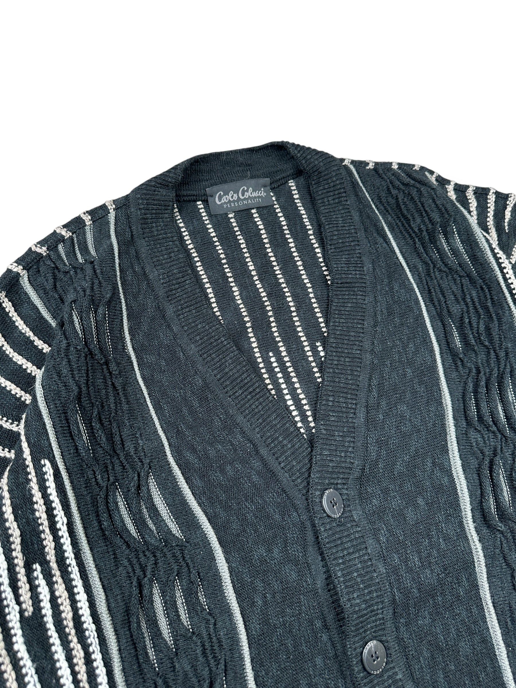 1990s Carlo Colucci Strick-Cardigan Schwarz mit weißen Streifen | Vintage M