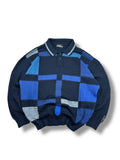 1990s Carlo Colucci Langarm-Stricksweater Polo Dunkel- & Hellblau Quadrat-Design | Vintage M