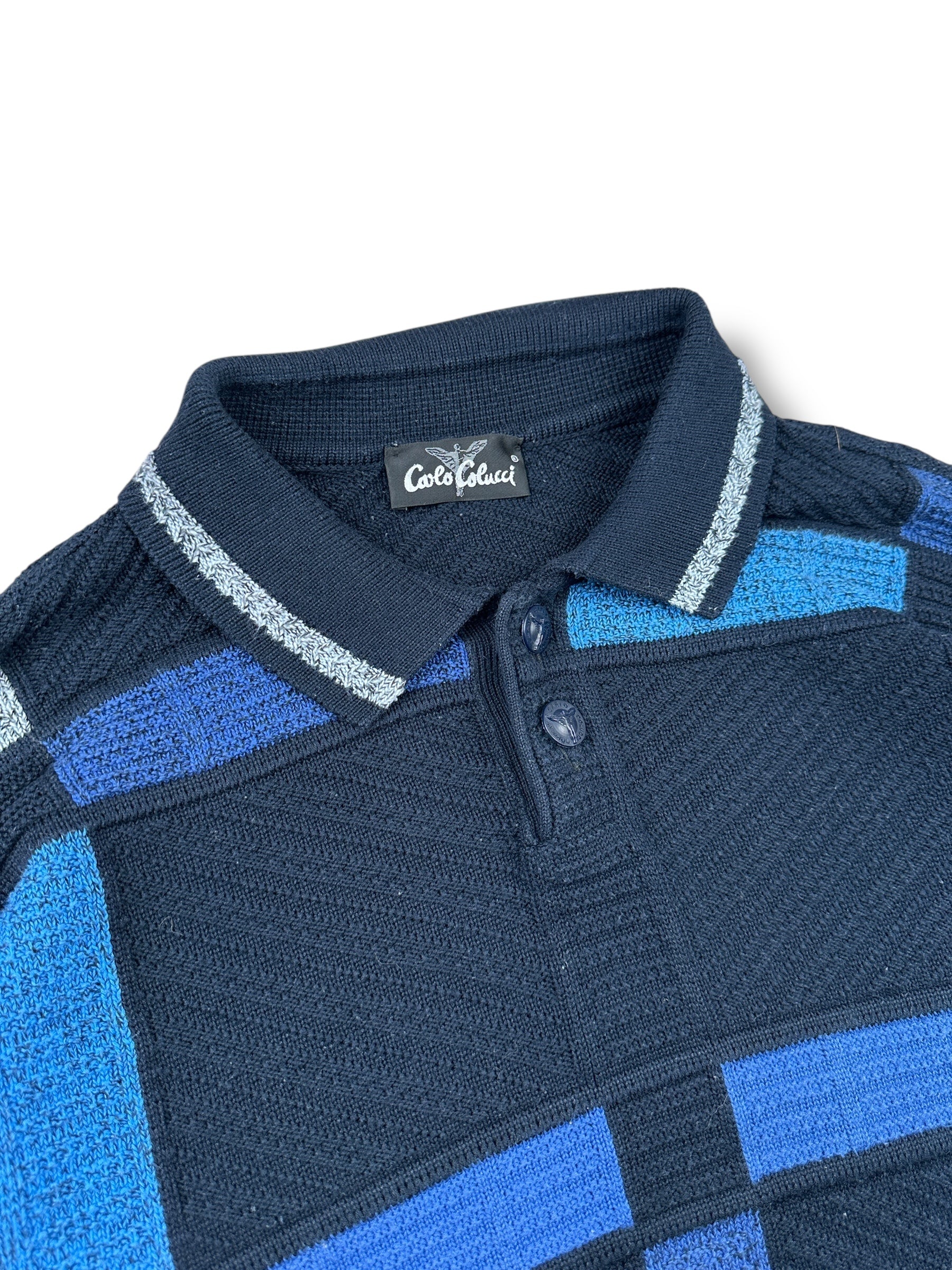 1990s Carlo Colucci Langarm-Stricksweater Polo Dunkel- & Hellblau Quadrat-Design | Vintage M