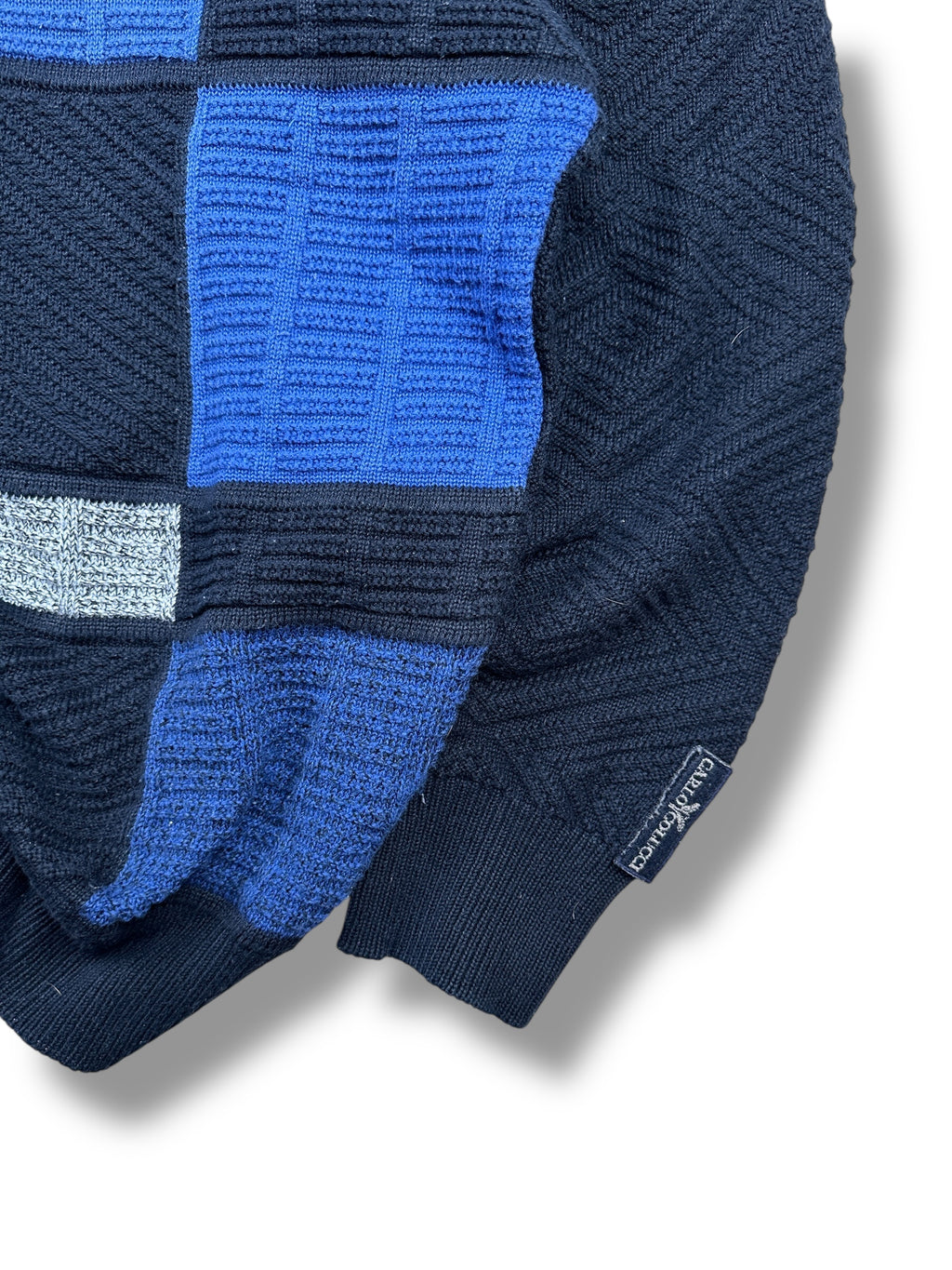 1990s Carlo Colucci Langarm-Stricksweater Polo Dunkel- & Hellblau Quadrat-Design | Vintage M