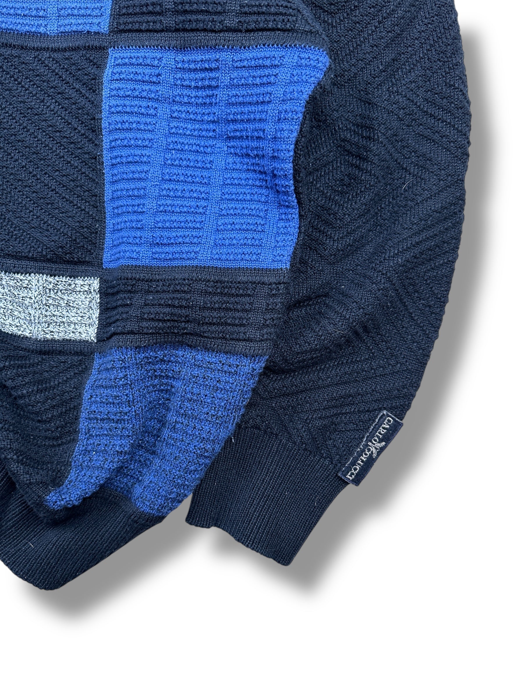 1990s Carlo Colucci Langarm-Stricksweater Polo Dunkel- & Hellblau Quadrat-Design | Vintage M