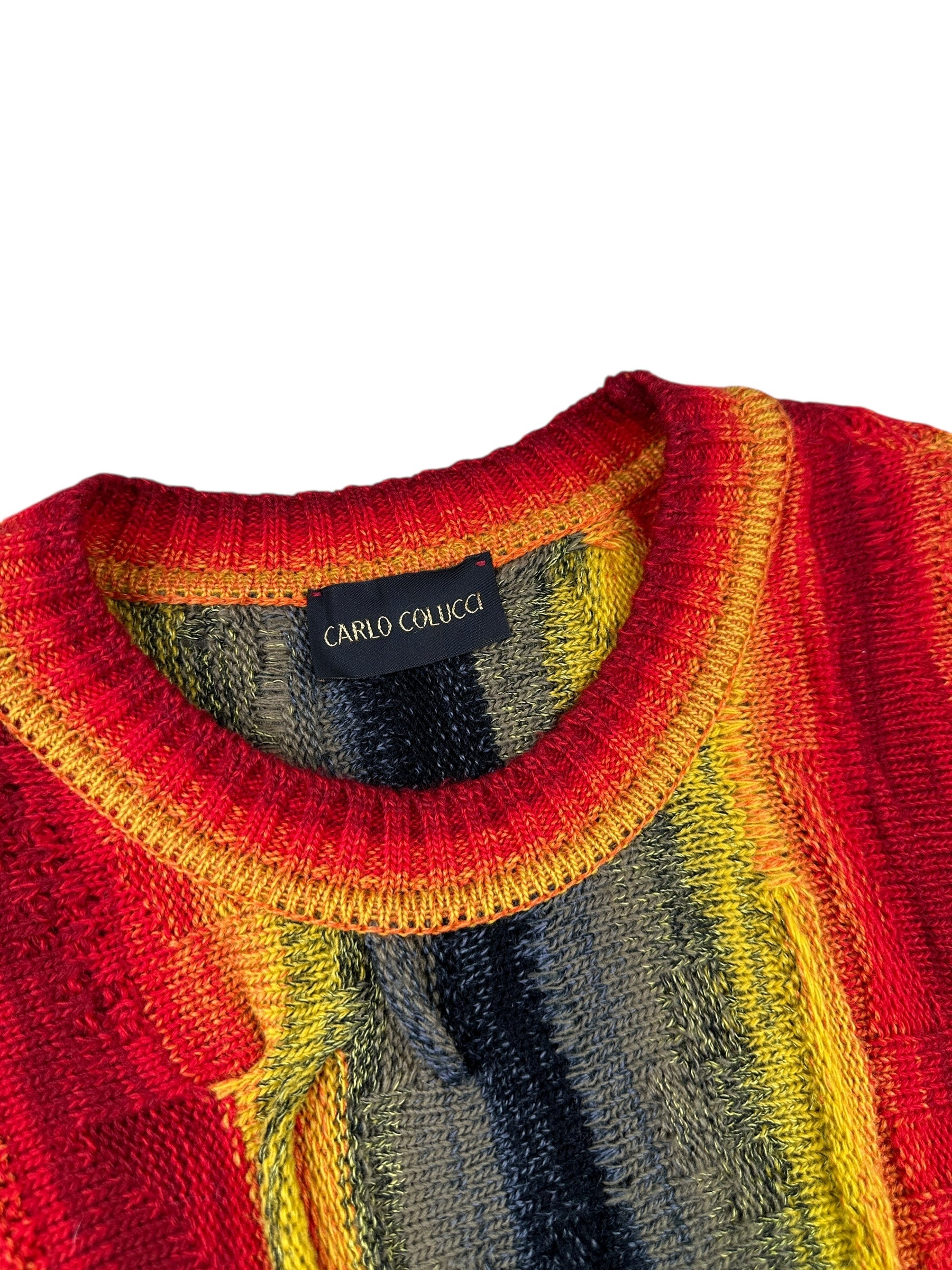 1990s Carlo Colucci Lava 3D Knit Stricksweater Rot Gelb Schwarz | Vintage Size 46